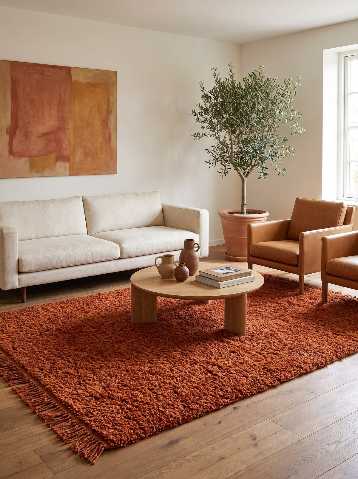 Hagounia plain terracotta Berber rug in a living room, hand-knotted in Morocco