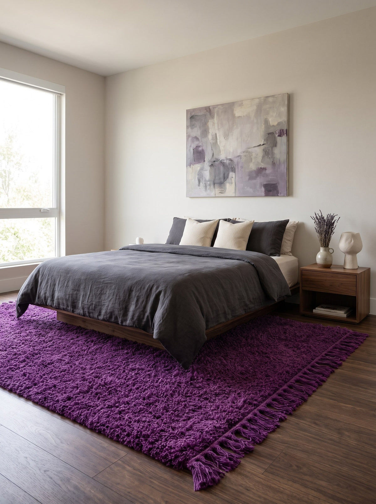 Tapis berbère uni violet prune Tazart dans une chambre, noué main au Maroc