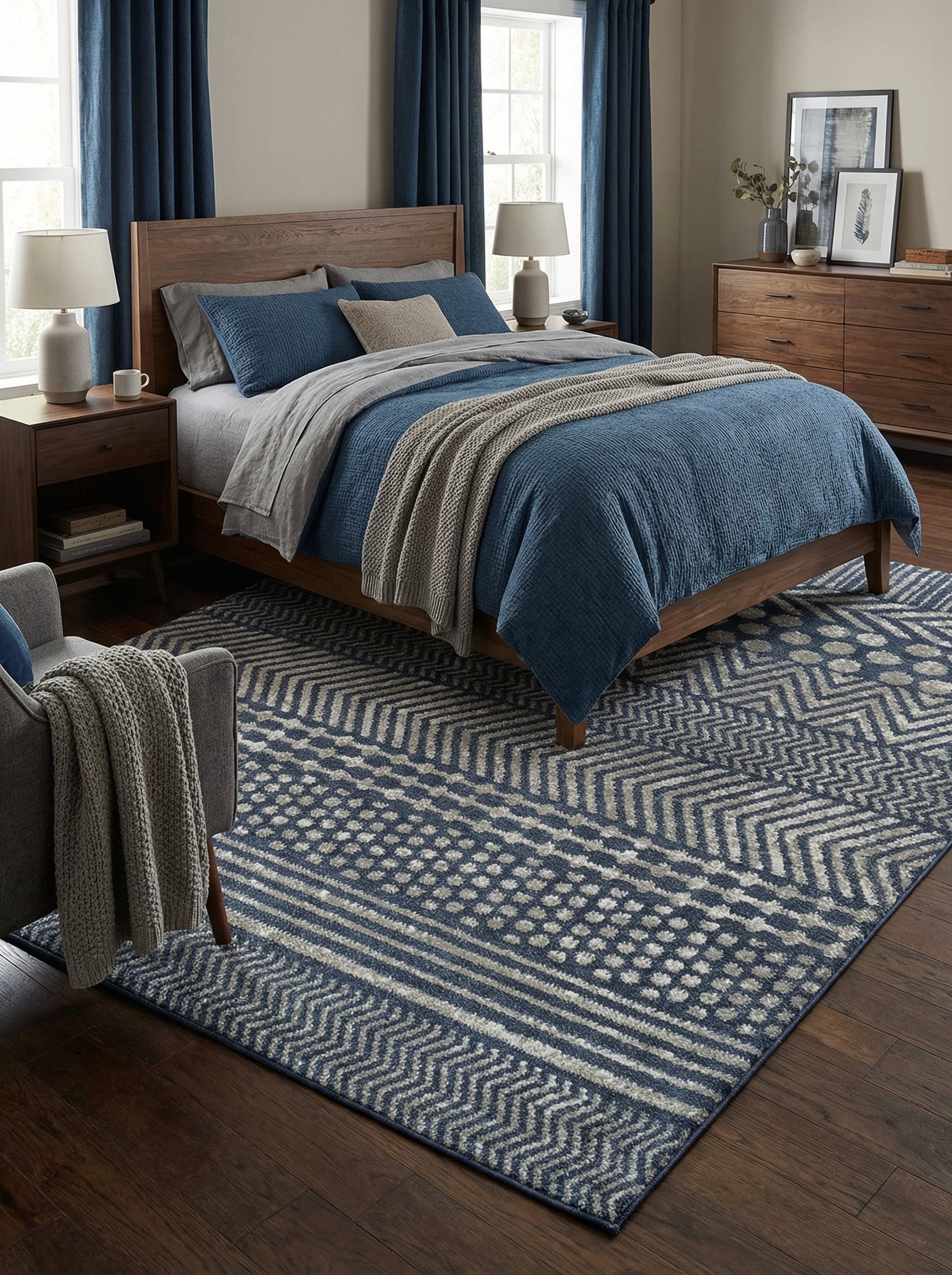 Tapis rectangulaire bleu marine et gris clair à motifs géométriques (chevrons, pois, rayures) dans une chambre