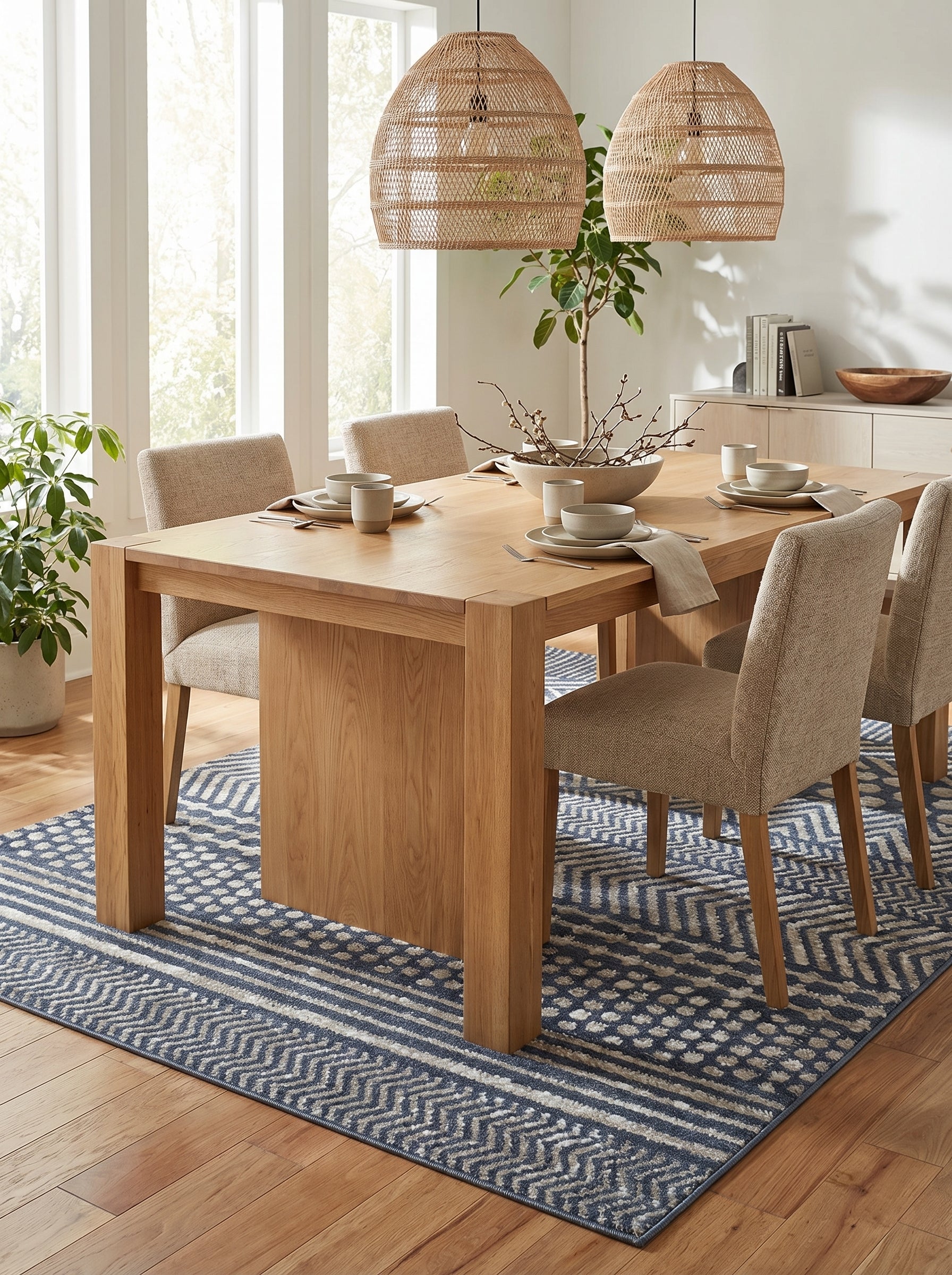 Tapis rectangulaire bleu marine et beige clair avec motifs géométriques variés, au sol d'une salle à manger