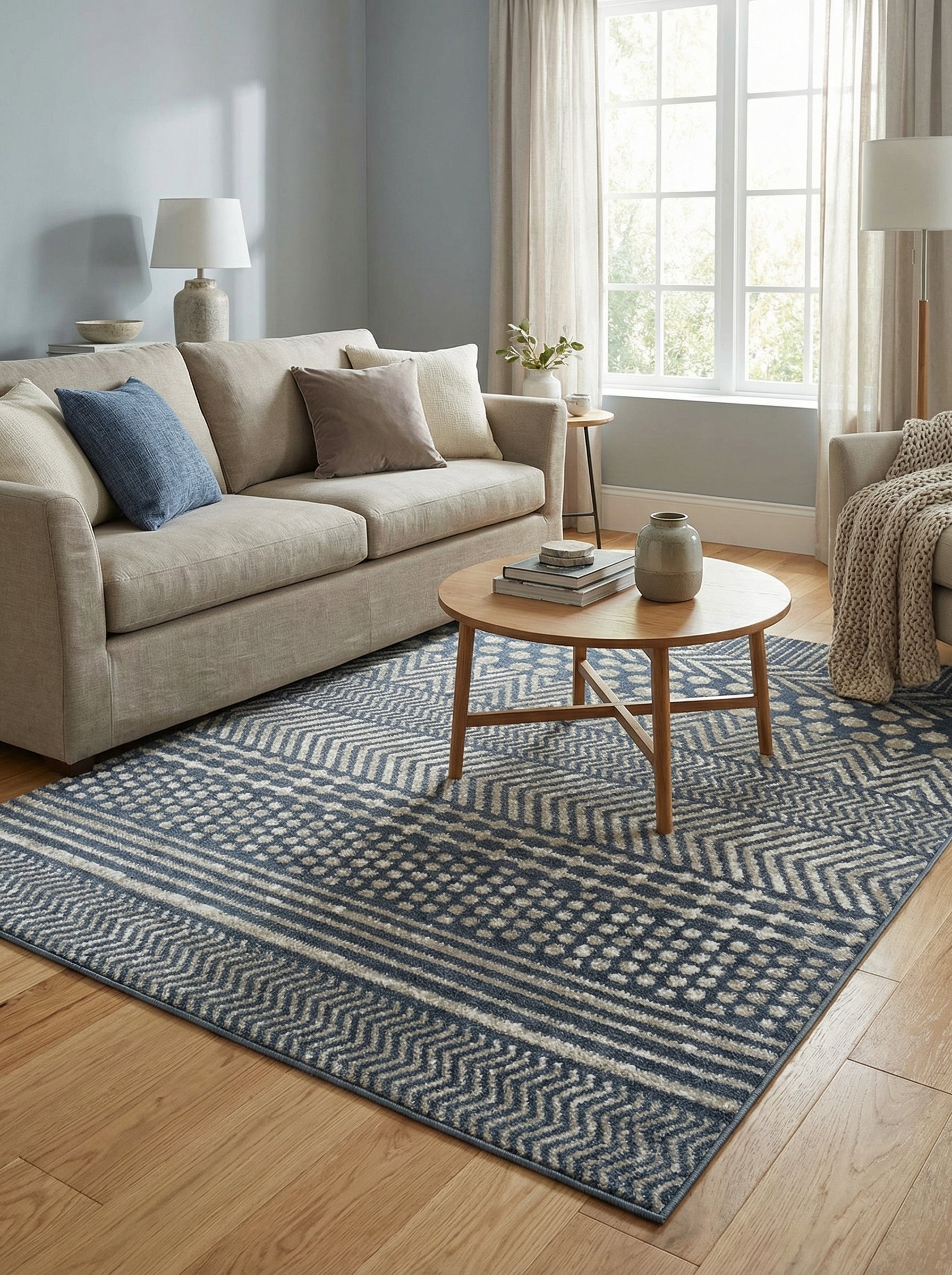 Tapis rectangulaire à motifs géométriques bleu nuit et beige clair, avec chevrons et pois, posé sur un parquet dans un salon lumineux