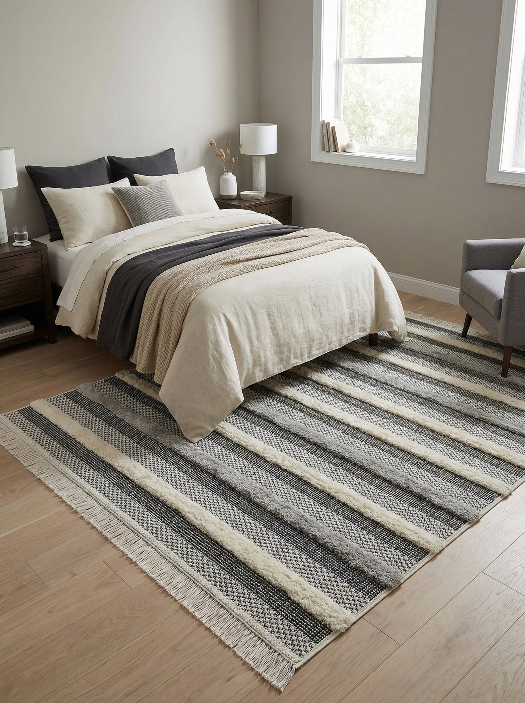 Tapis rectangulaire à bandes noires, grises et crème, alternant textures tissées plates et moelleuses, à franges, dans une chambre moderne