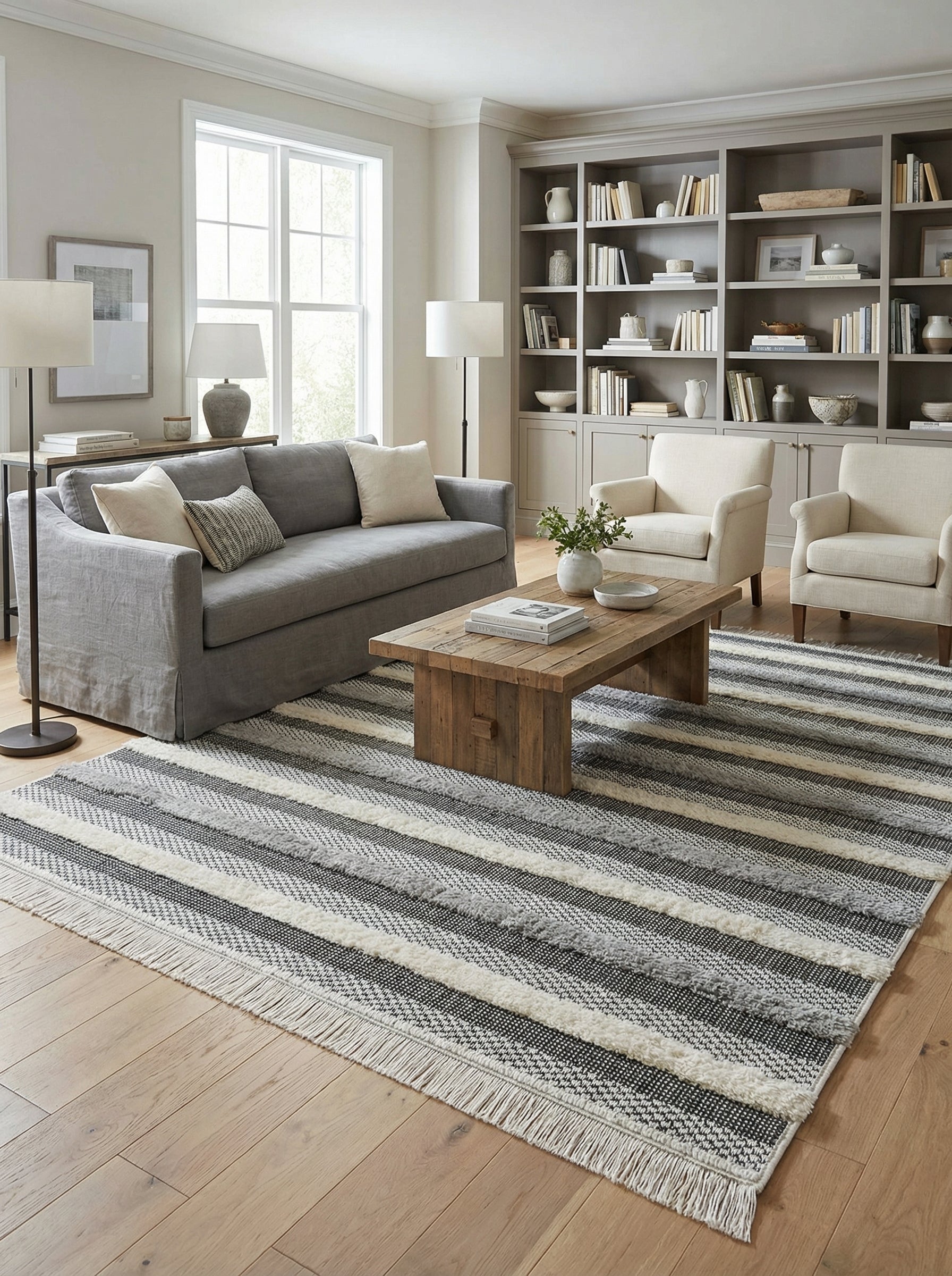 Tapis rectangulaire à rayures horizontales noires, blanches et grises avec des textures contrastées, à franges, posé sur un parquet clair dans un salon