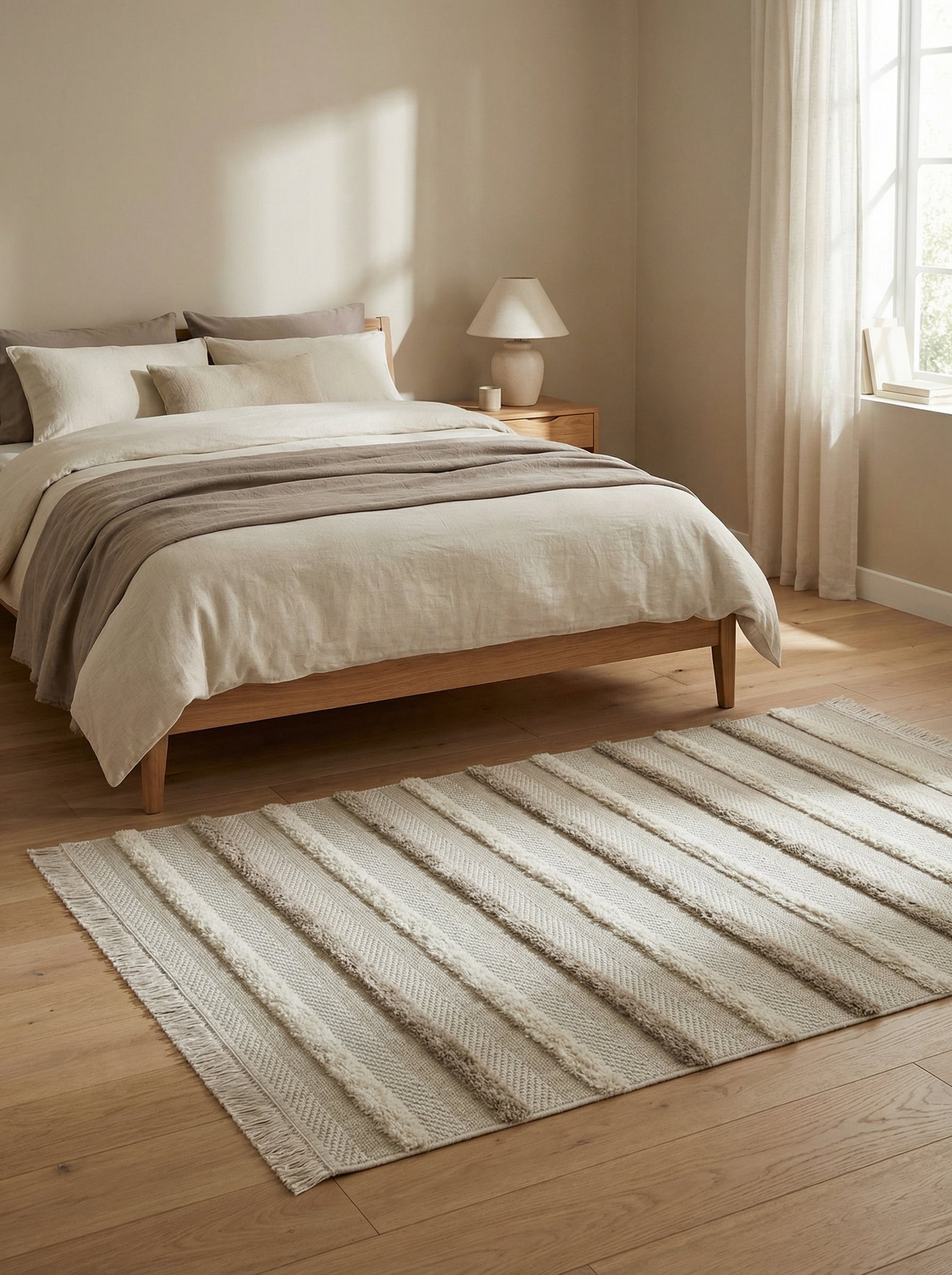 Tapis rectangulaire beige clair aux rayures diagonales alternant tissage plat et texture bouclée, dans une chambre