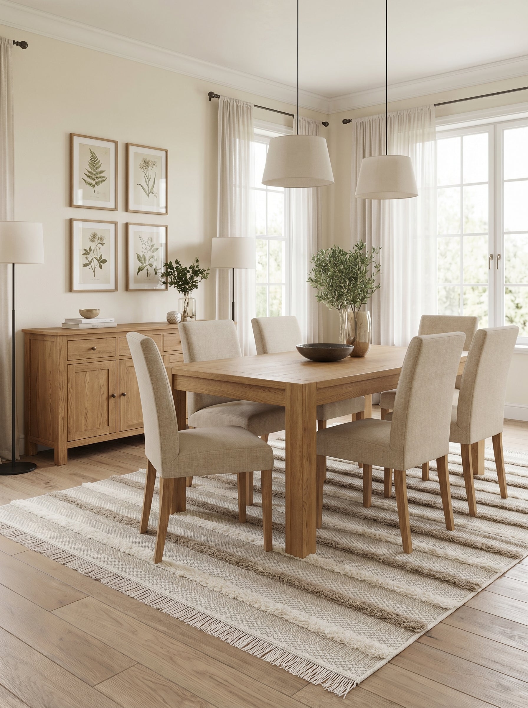 Tapis rectangulaire beige et crème à rayures horizontales texturées et franges, posé sous une table dans une salle à manger