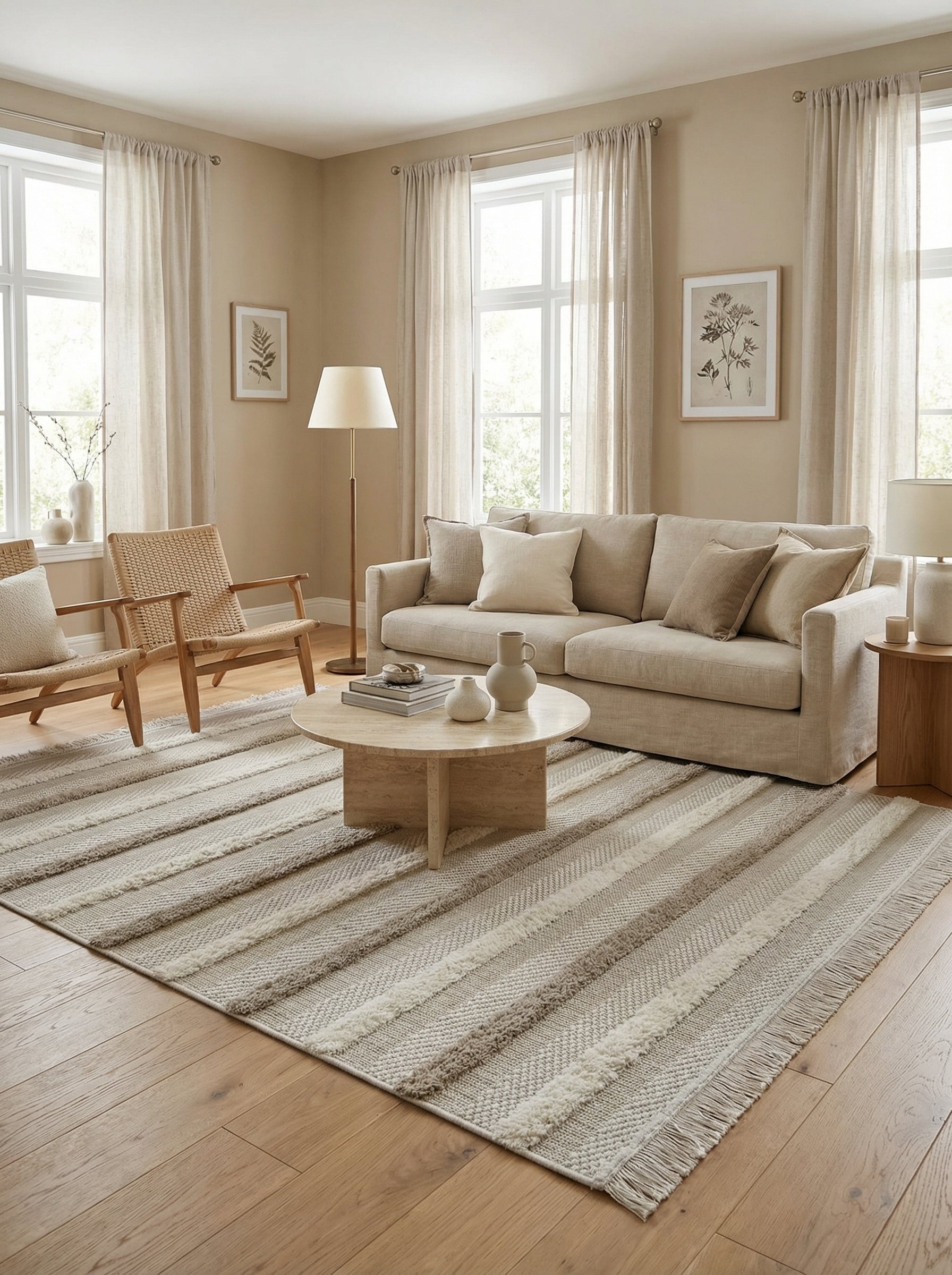 Grand tapis rectangulaire crème et taupe à rayures tissées et texturées, posé sur un parquet dans un salon lumineux
