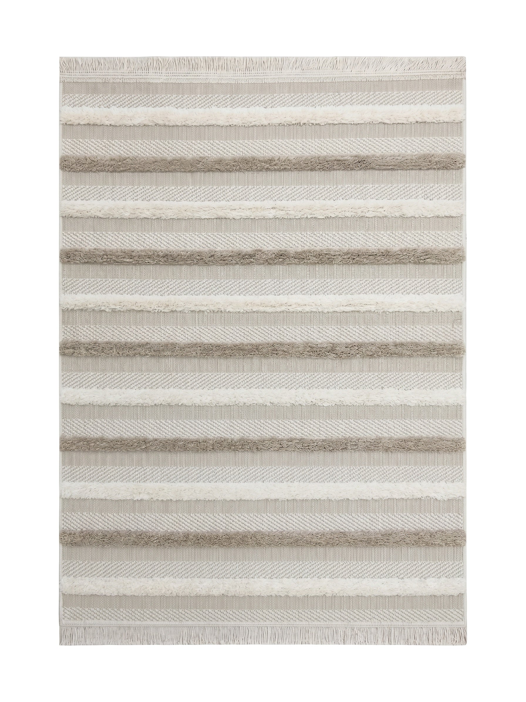 Tapis à rayures horizontales beiges, crème et marron clair avec des textures variées et des franges