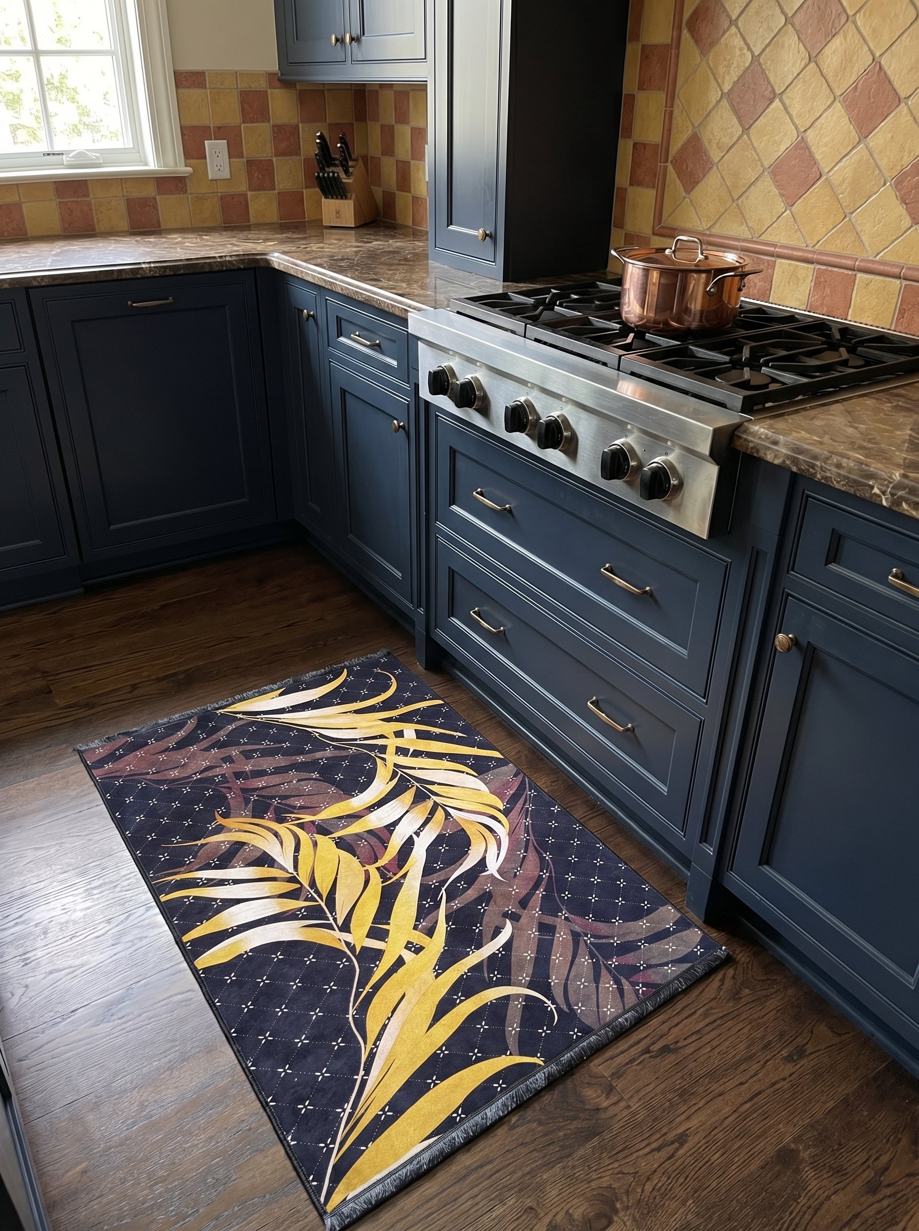 Tapis rectangulaire bleu marine à motifs discrets, orné de grandes feuilles de palmier jaunes et bordeaux, dans une cuisine