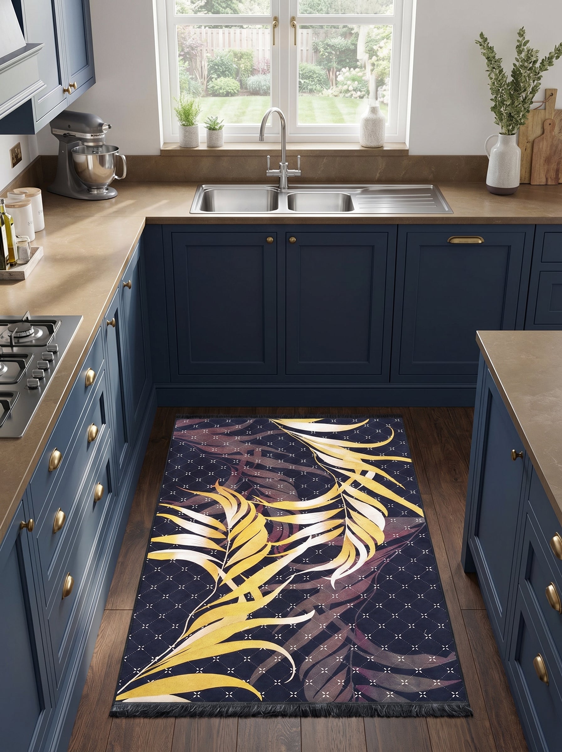Tapis rectangulaire bleu marine à motifs de grandes feuilles tropicales dorées et de petites croix blanches, sur un sol en bois dans une cuisine