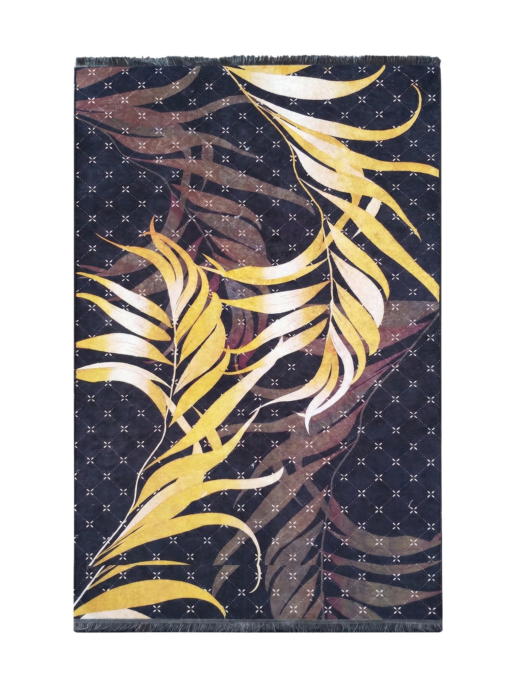 Tapis bleu marine avec de grandes feuilles stylisées jaunes, crème et brunes, sur un motif géométrique de croix blanches, bordé de franges