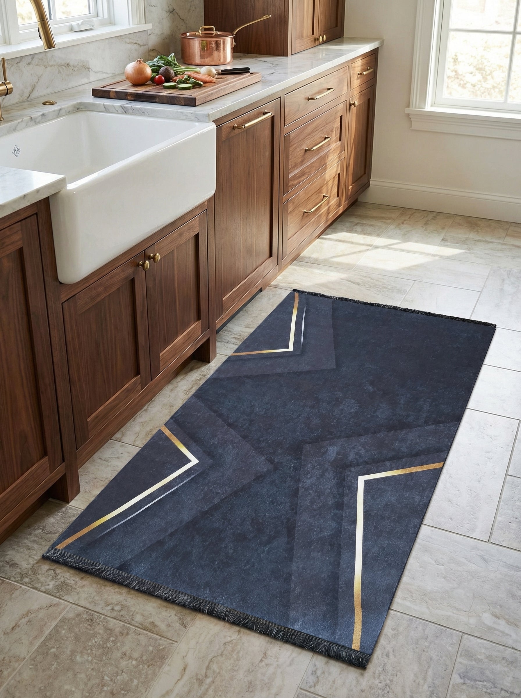Long tapis bleu nuit à texture subtile, orné de motifs géométriques dorés, avec des franges, dans une cuisine lumineuse