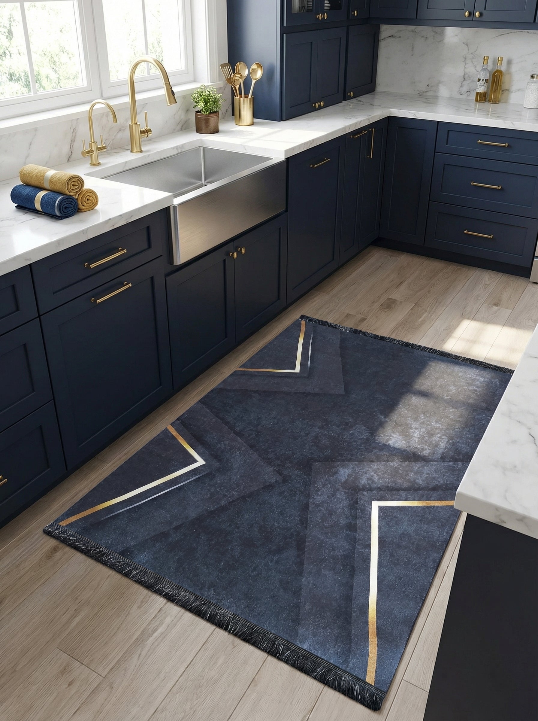 Tapis rectangulaire bleu foncé texturé avec des motifs géométriques abstraits rehaussés de lignes dorées et des franges, dans une cuisine lumineuse