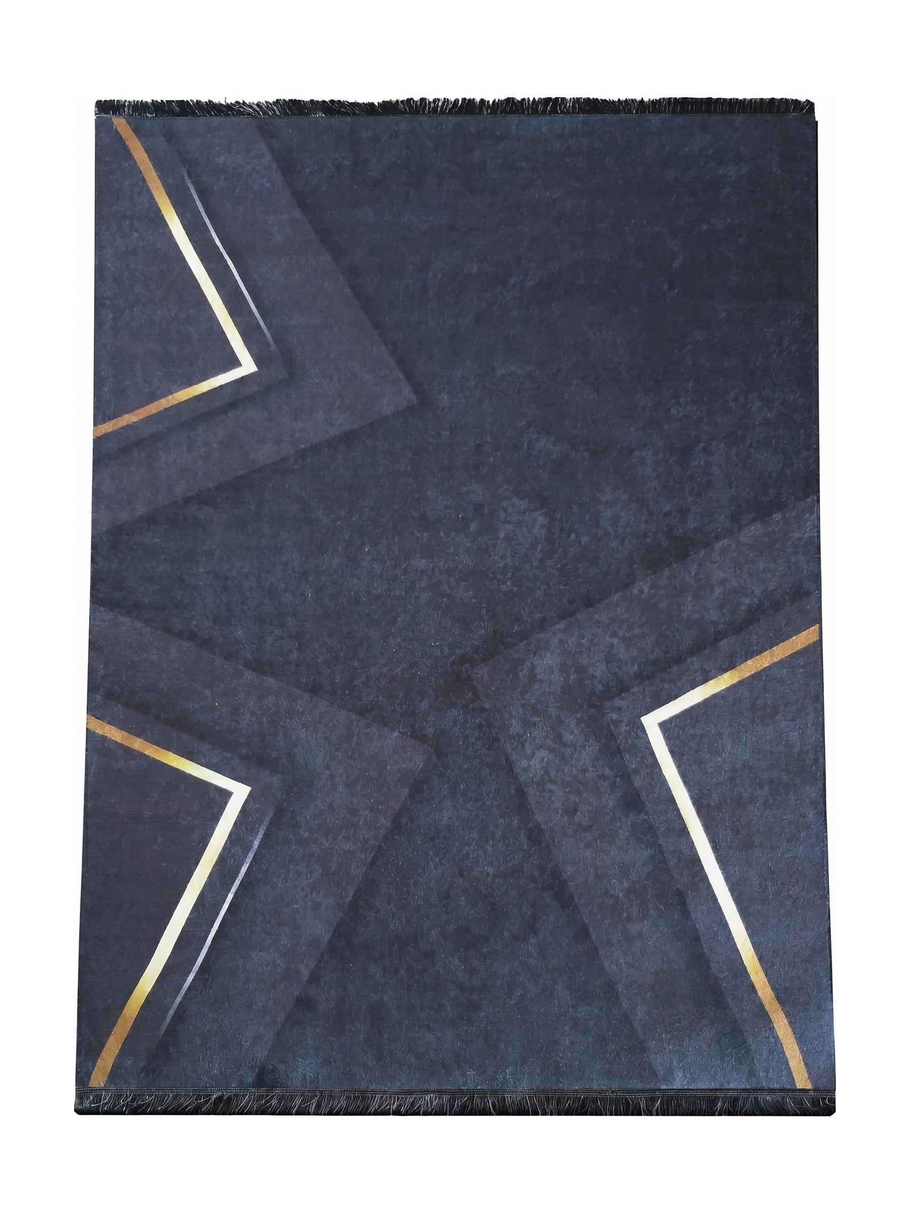 Tapis bleu-gris foncé texturé, orné de motifs géométriques dorés et argentés avec des franges
