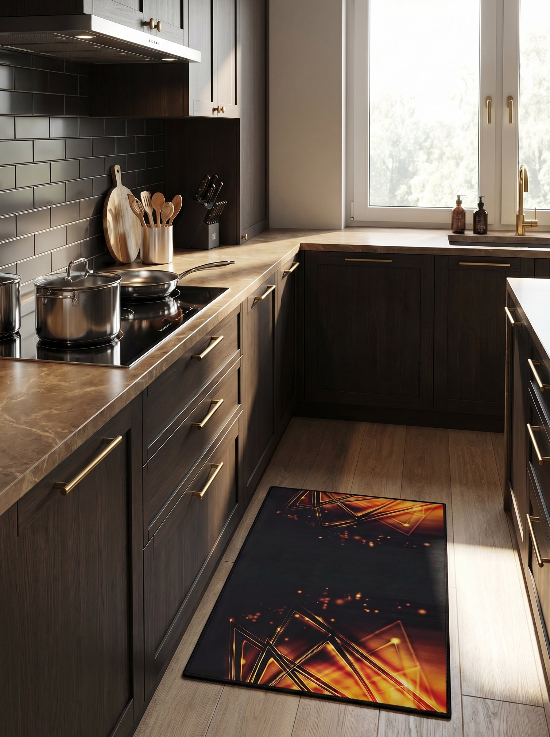 Tapis rectangulaire noir aux motifs géométriques lumineux orange et dorés, posé sur le plancher d'une cuisine moderne
