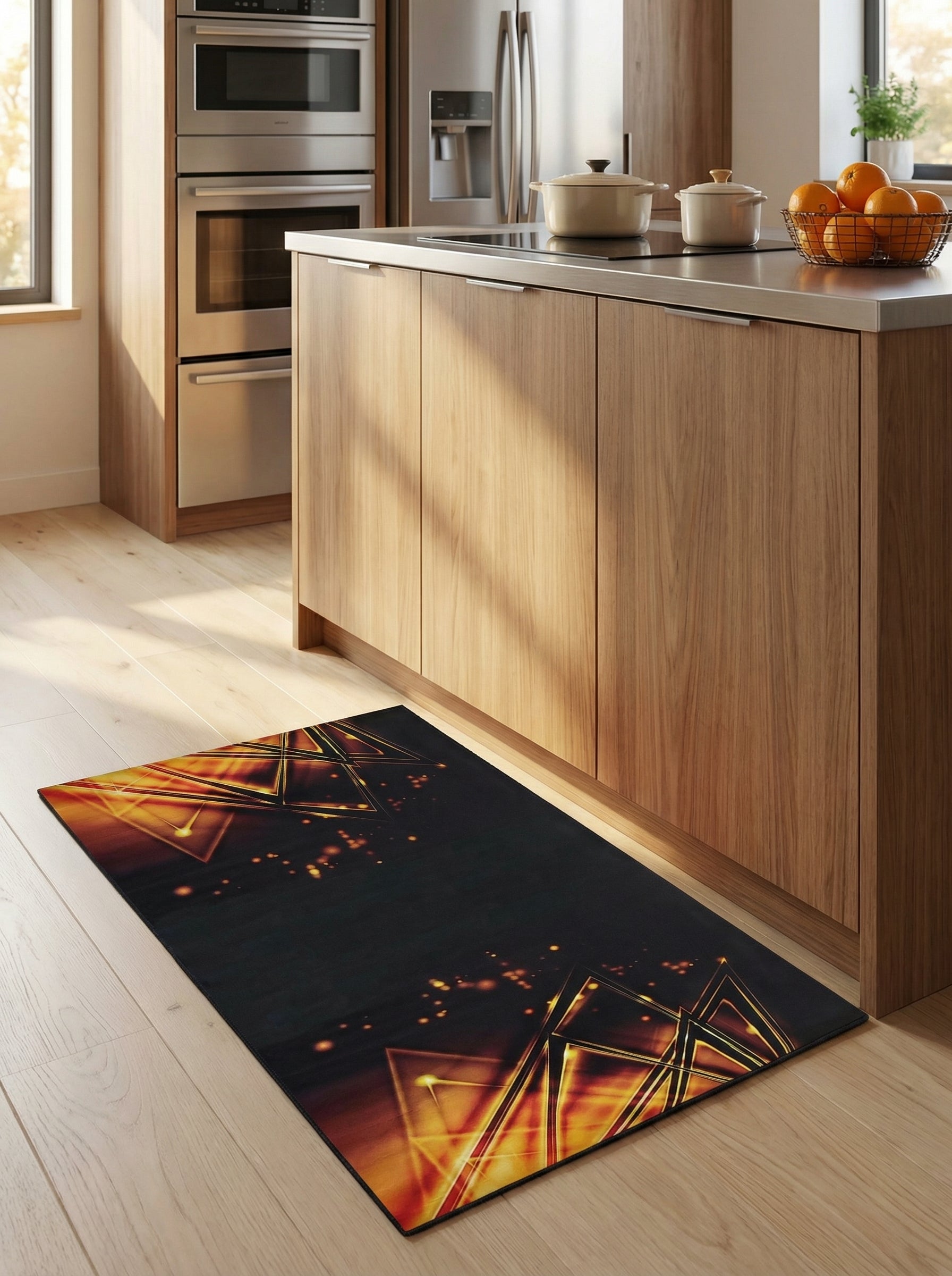 Tapis noir rectangulaire aux motifs géométriques lumineux orange et or, posé sur le parquet clair d'une cuisine moderne