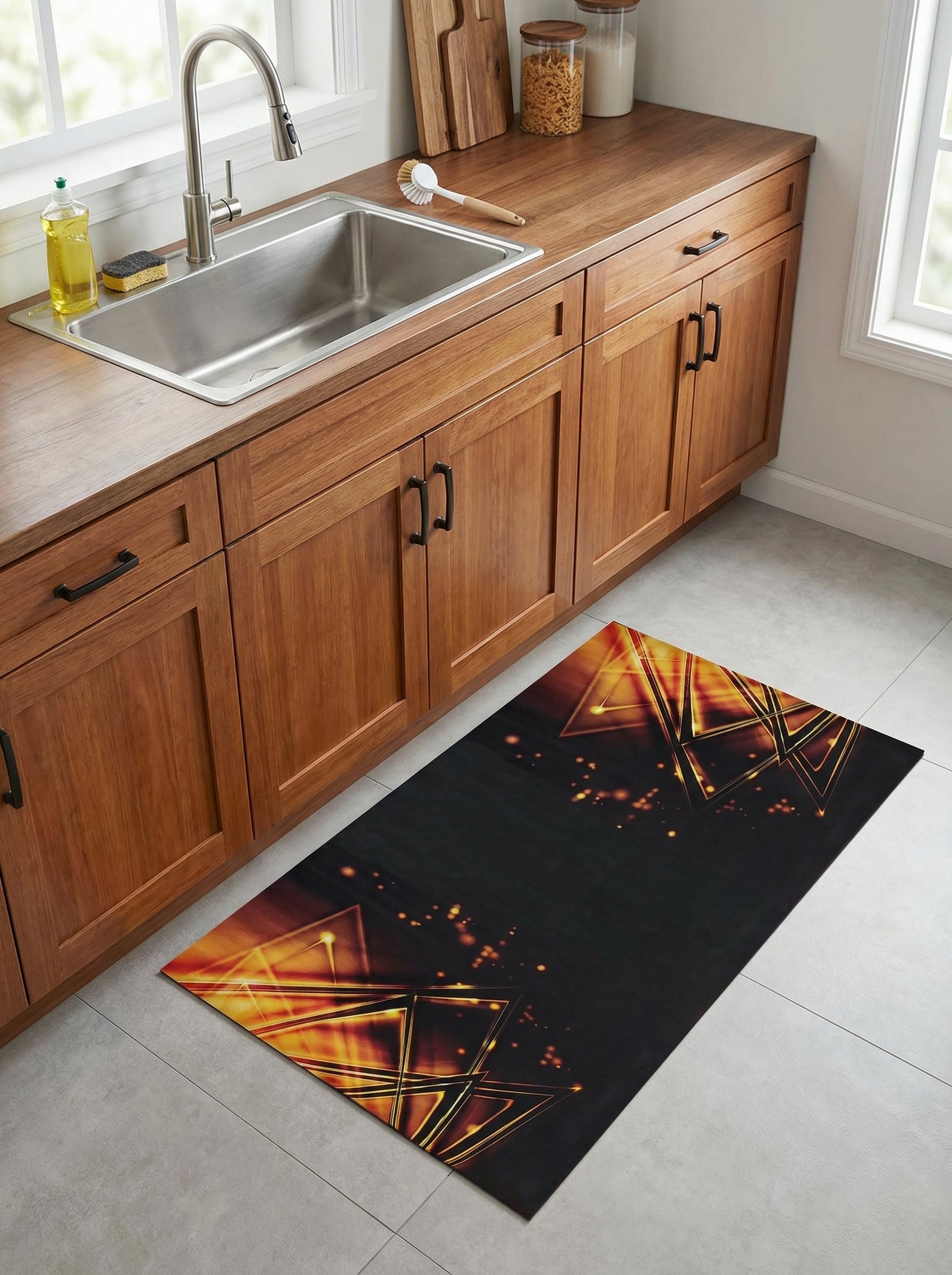 Tapis rectangulaire noir présentant des motifs géométriques de triangles lumineux orange et or avec des éclats, sur un sol de cuisine