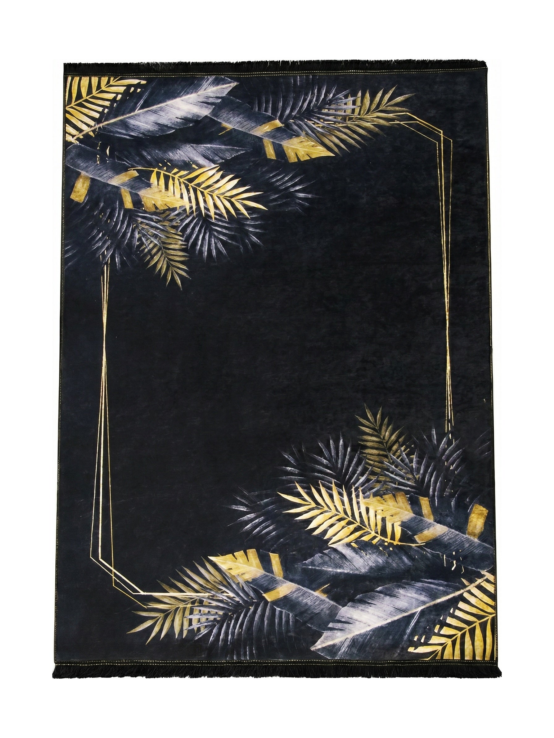 Tapis rectangulaire noir orné de feuilles de palmier dorées et grises, avec un cadre géométrique doré et des franges noires