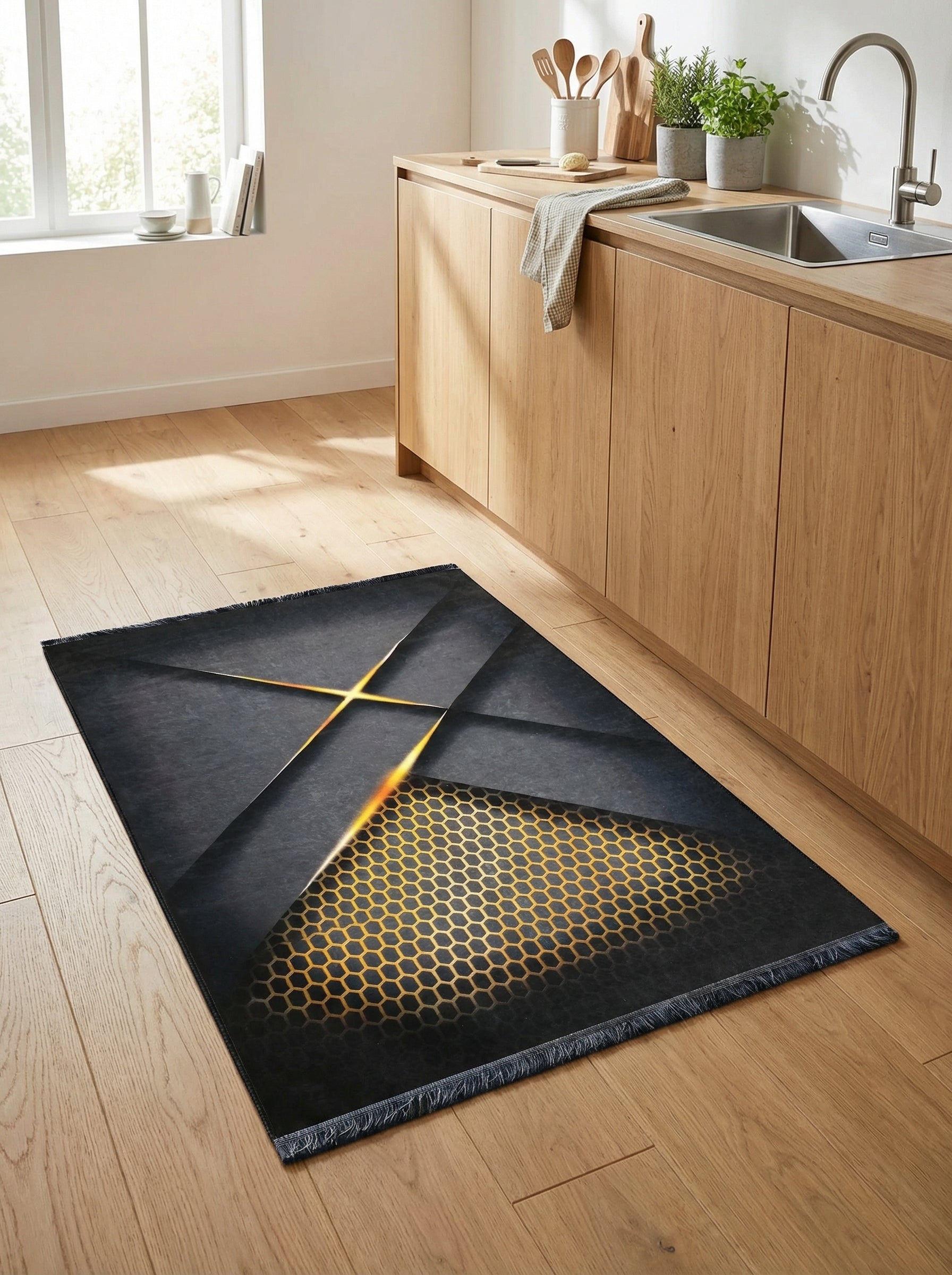 Tapis rectangulaire gris-noir avec des lignes géométriques dorées lumineuses et un motif nid d'abeille dégradé. Il est posé sur un parquet clair dans une cuisine
