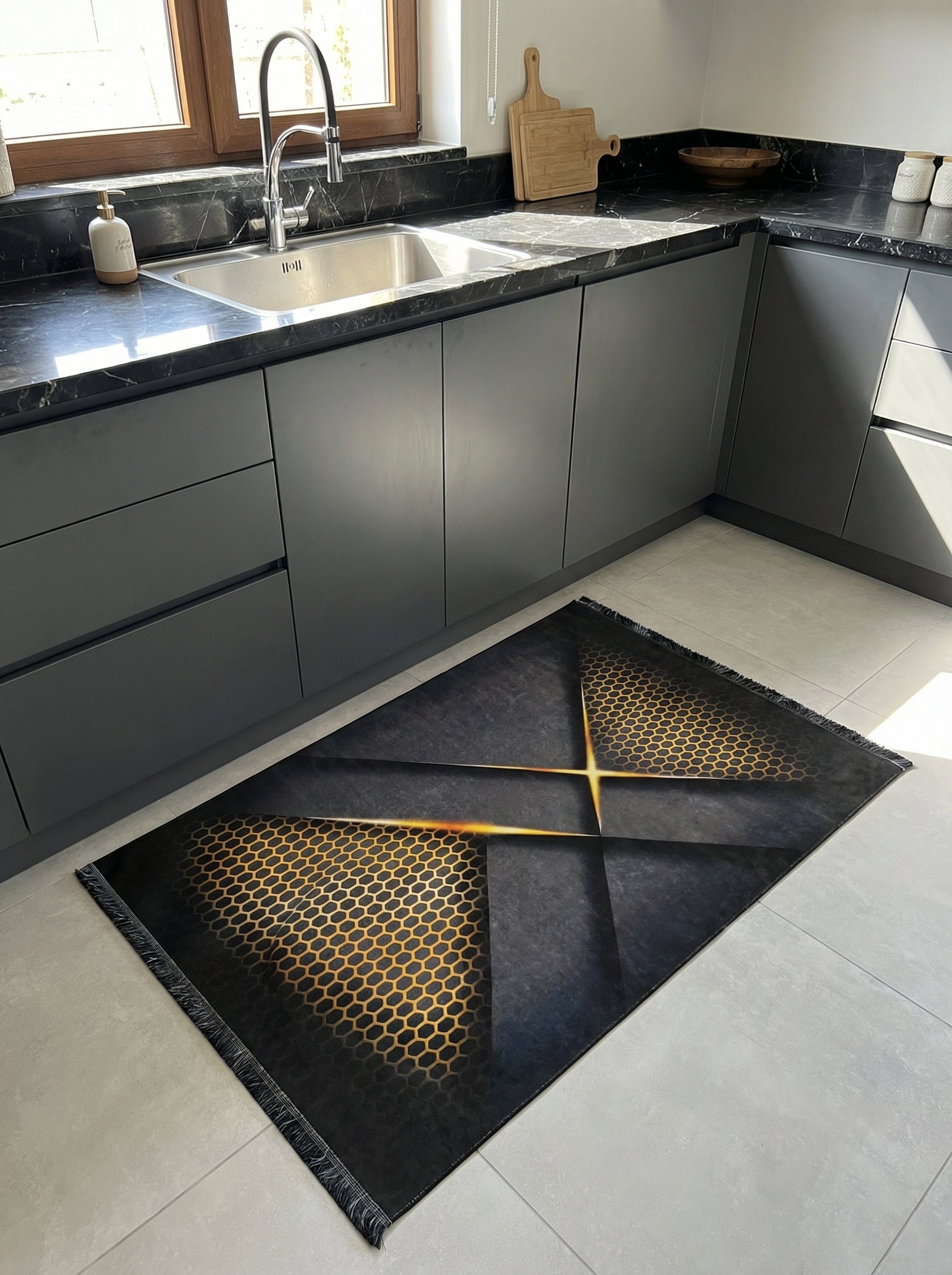 Tapis rectangulaire gris foncé avec motifs nid d'abeille dorés et lignes lumineuses croisées au centre, dans une cuisine moderne
