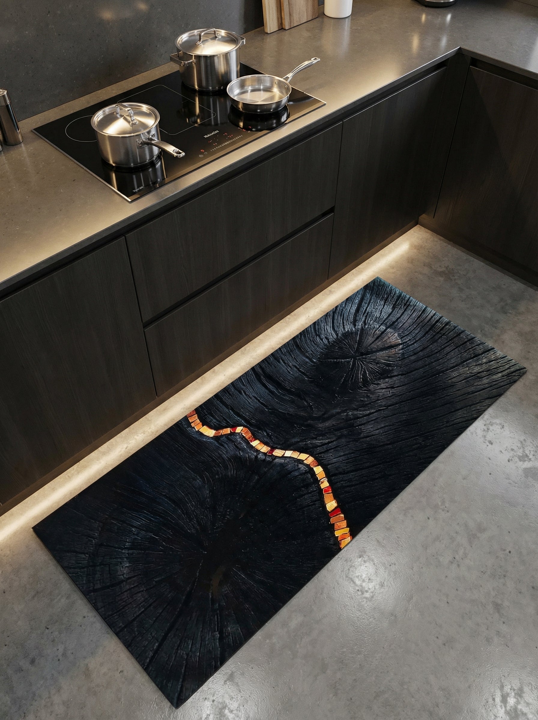 Tapis rectangulaire foncé aux motifs de bois brûlé, traversé d'une ligne orange et rouge lumineuse, posé au sol d'une cuisine moderne