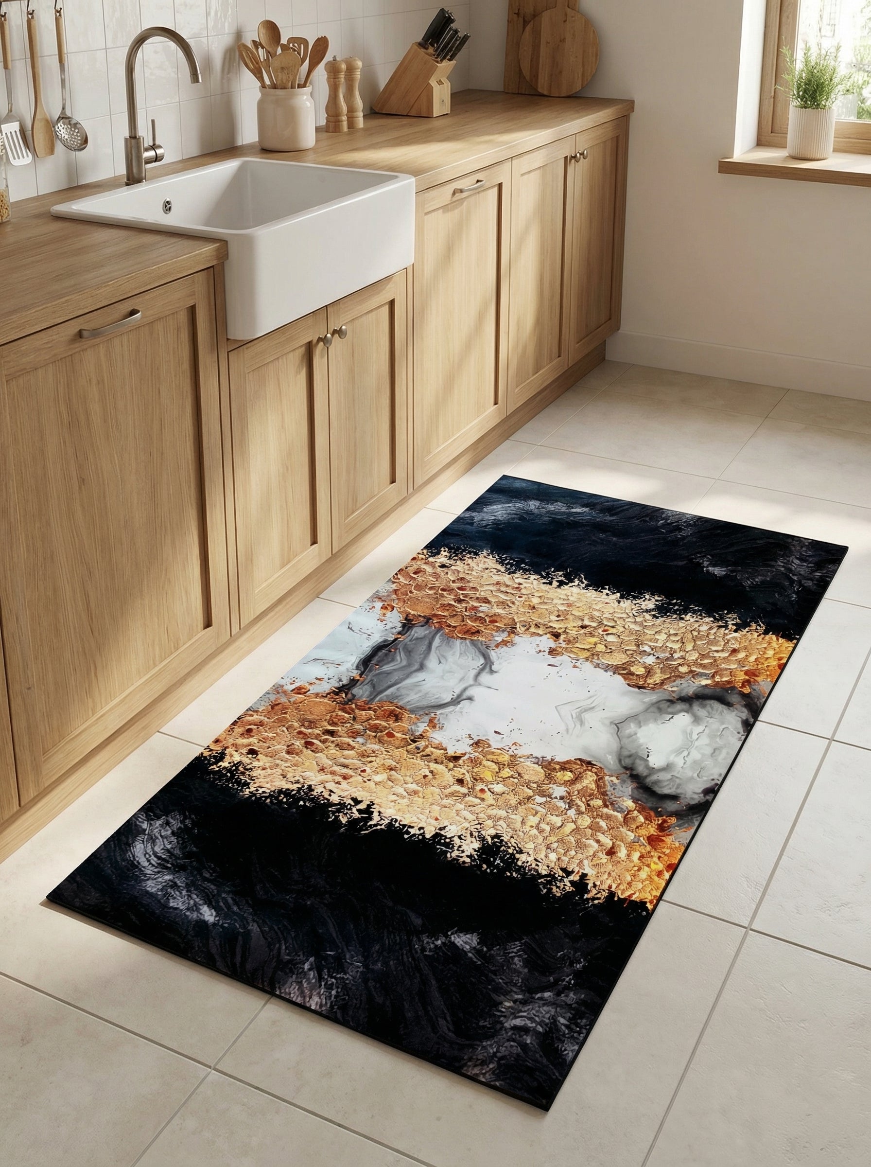 Tapis rectangulaire abstrait noir avec une bande centrale texturée or, blanc et gris marbré sur un sol carrelé de cuisine