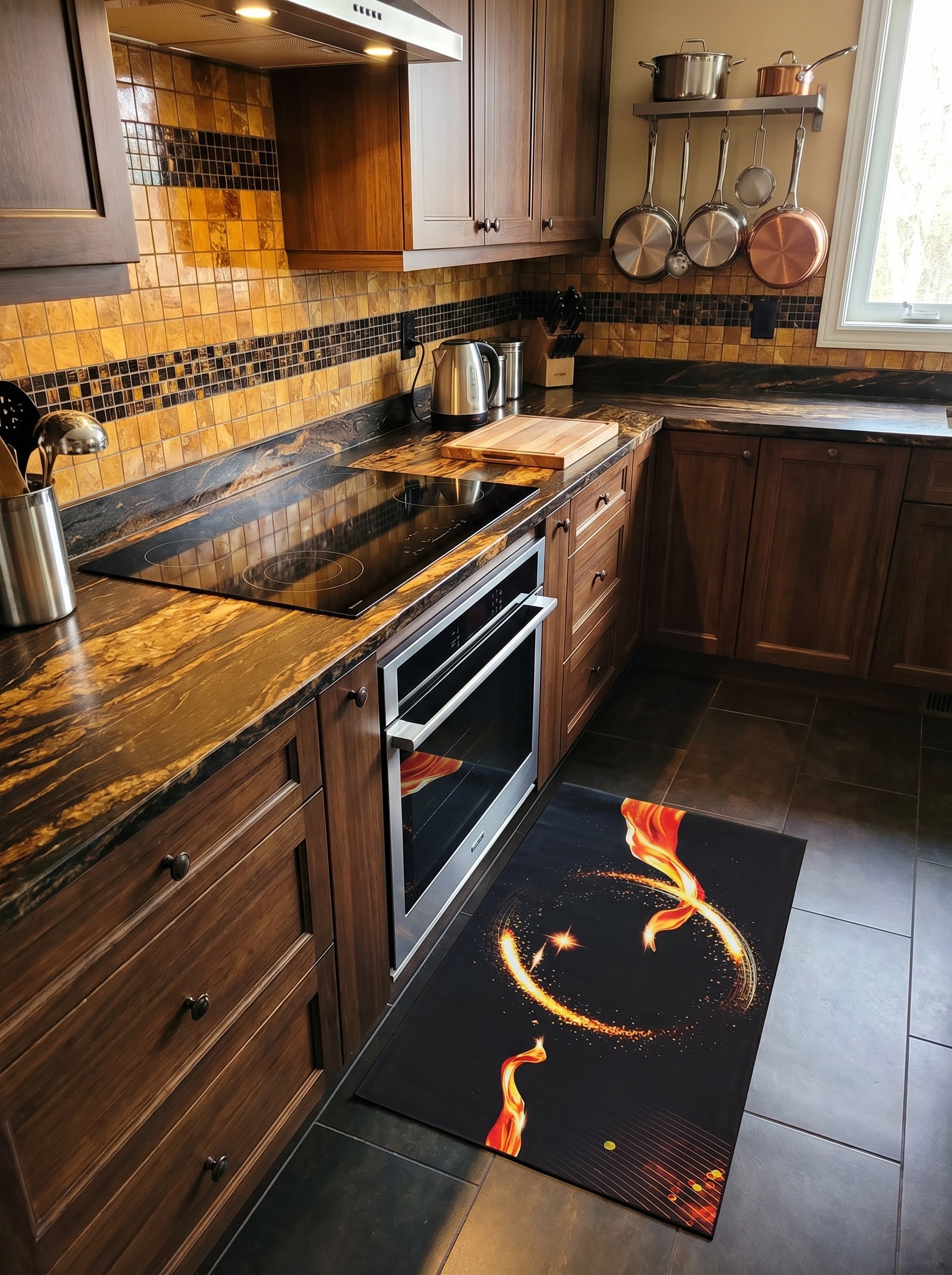 Tapis rectangulaire noir avec un motif abstrait de flammes rouge orangé et des traînées lumineuses dorées, posé sur le sol d'une cuisine aux meubles sombres