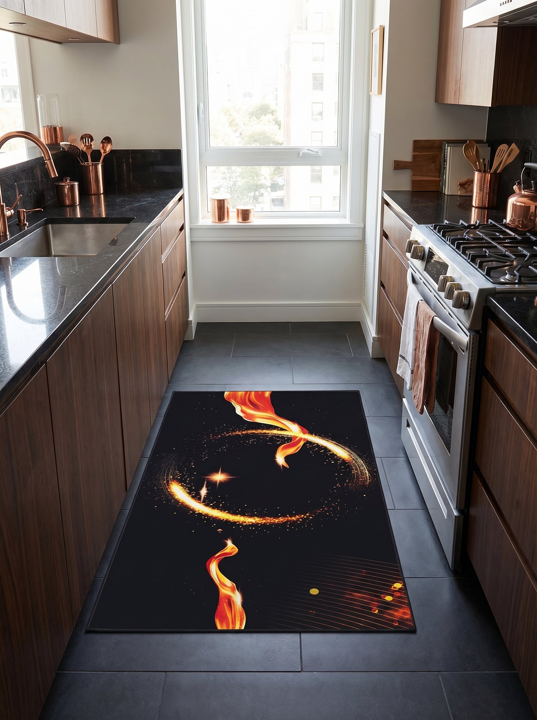 Tapis noir à motifs de flammes rouges, spirales et éclats lumineux dorés, dans une cuisine moderne