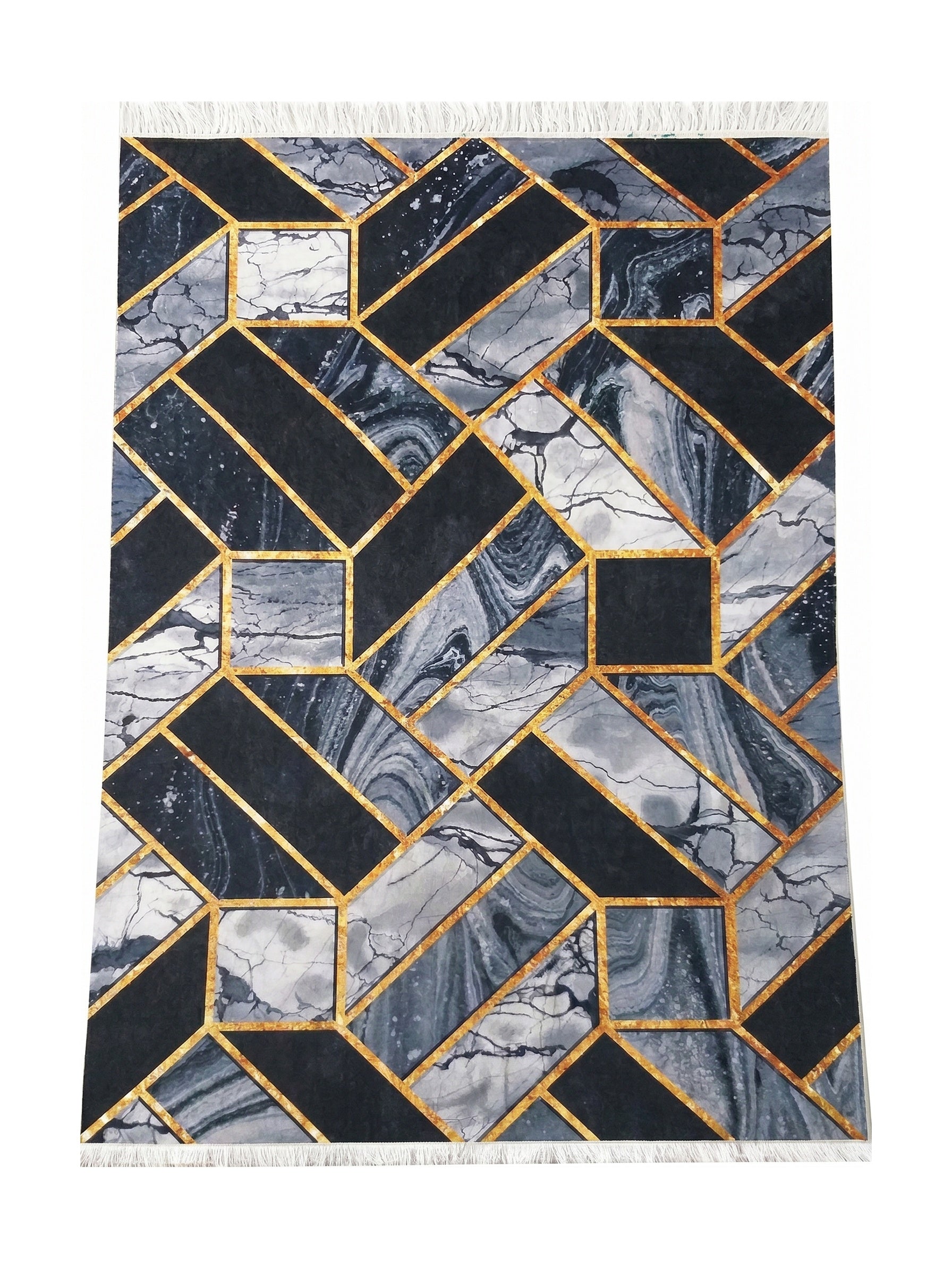 Tapis rectangulaire à motif géométrique de formes marbrées bleues et grises, de blocs noirs, de lignes dorées et franges blanches
