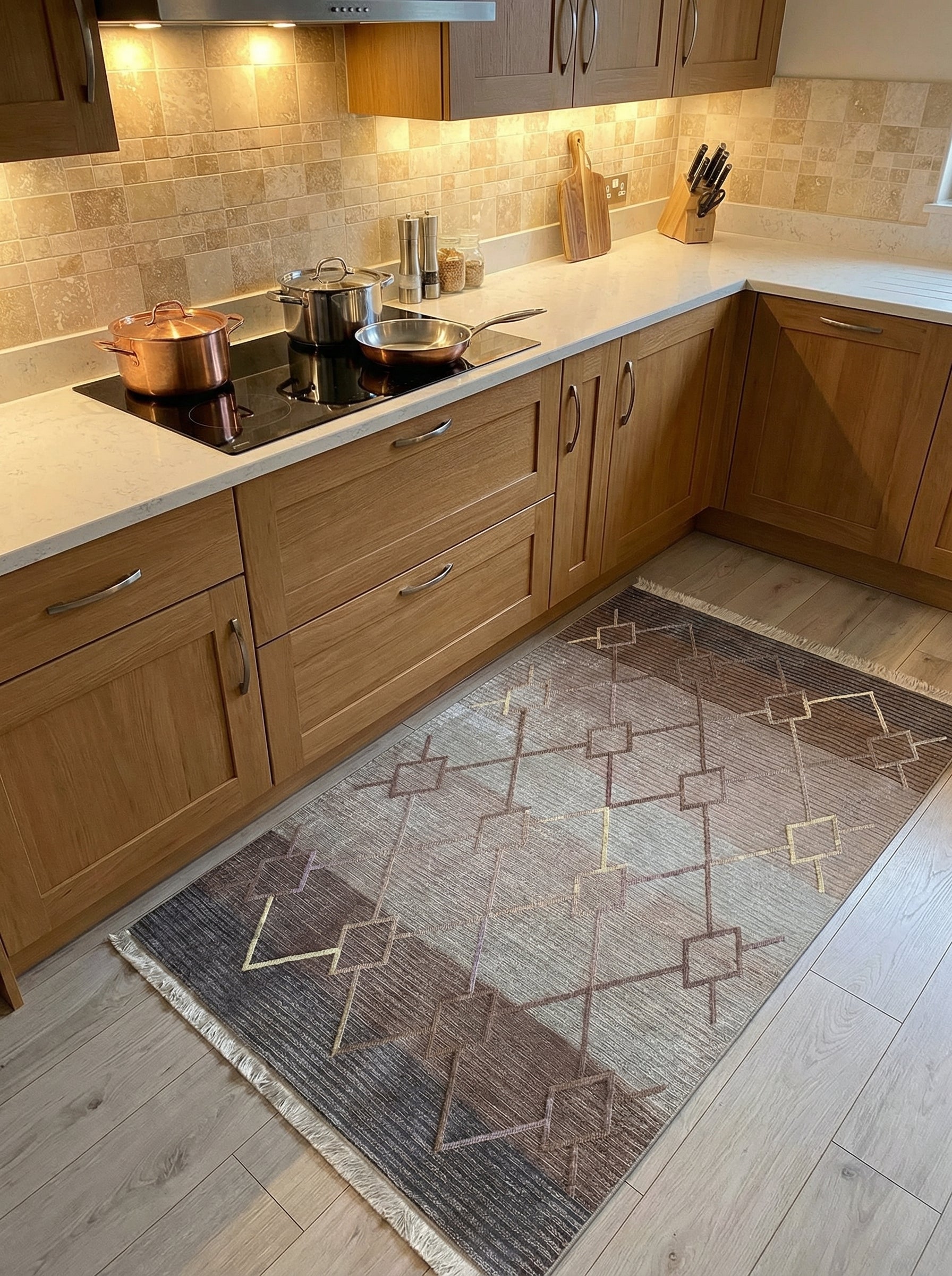 Tapis long aux motifs géométriques abstraits gris, marron, beige et or, avec franges, dans une cuisine moderne