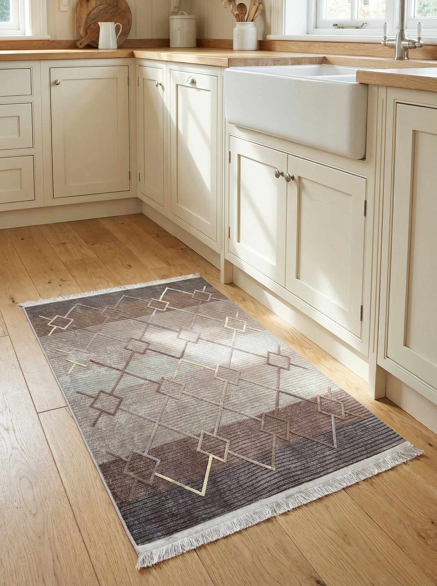 Tapis rectangulaire à rayures texturées marron, gris et beige, orné de motifs géométriques losangés aux contours dorés, dans une cuisine lumineuse au sol en bois clair