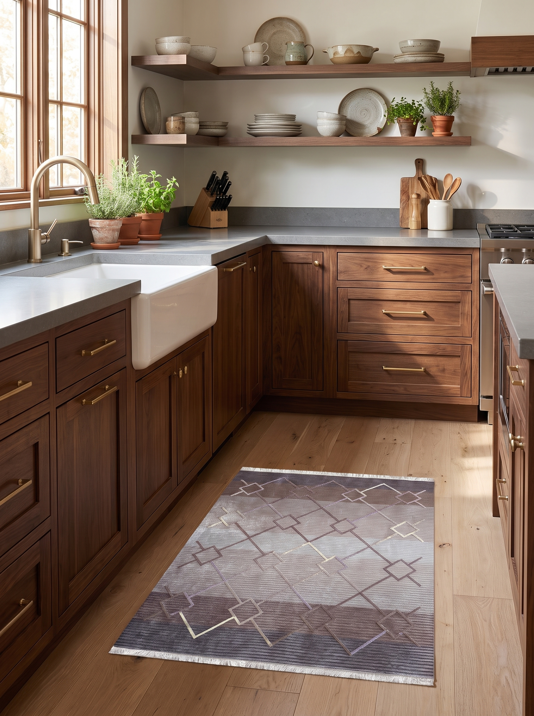 Tapis de couloir tissé beige, marron et gris dégradé avec des motifs géométriques en losanges et lignes dorées, sur le sol d'une cuisine