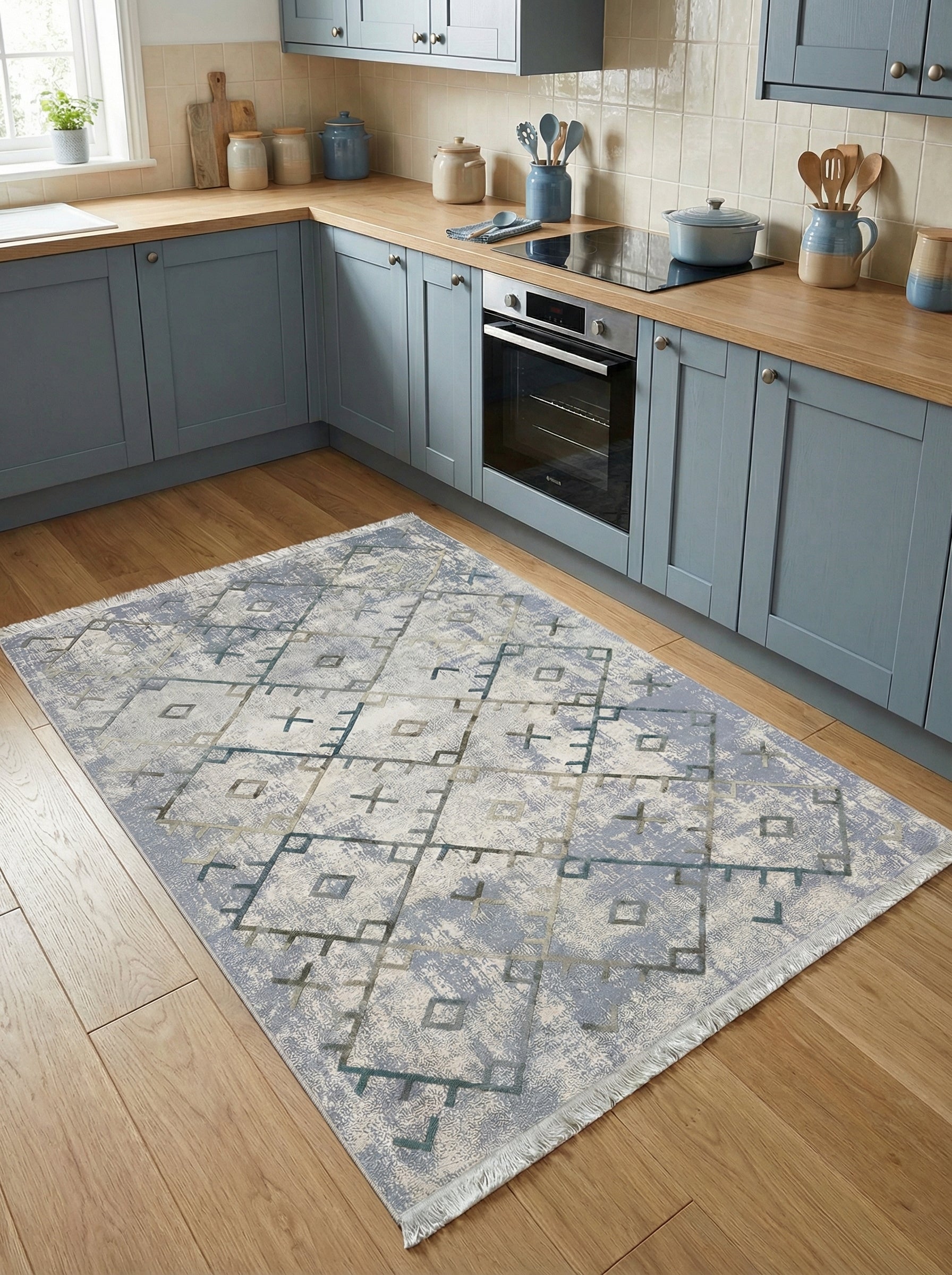 Tapis rectangulaire gris-bleu et crème à motifs géométriques abstraits texturés, franges aux extrémités, sur un plancher de cuisine