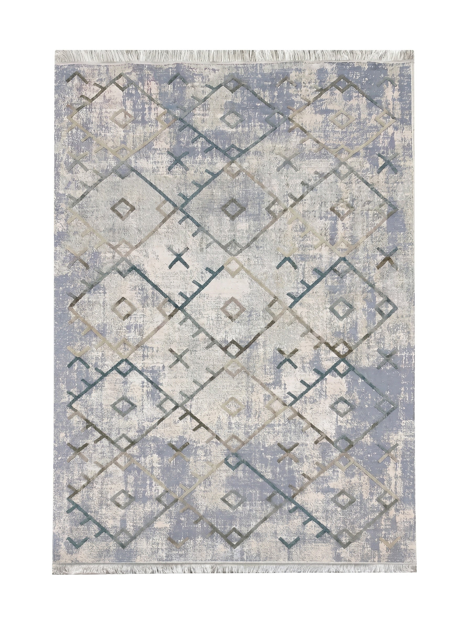 Tapis gris-bleu et blanc cassé à motif géométrique abstrait délavé de losanges et de croix, rehaussé de lignes vert, beige et gris et agrémenté de franges
