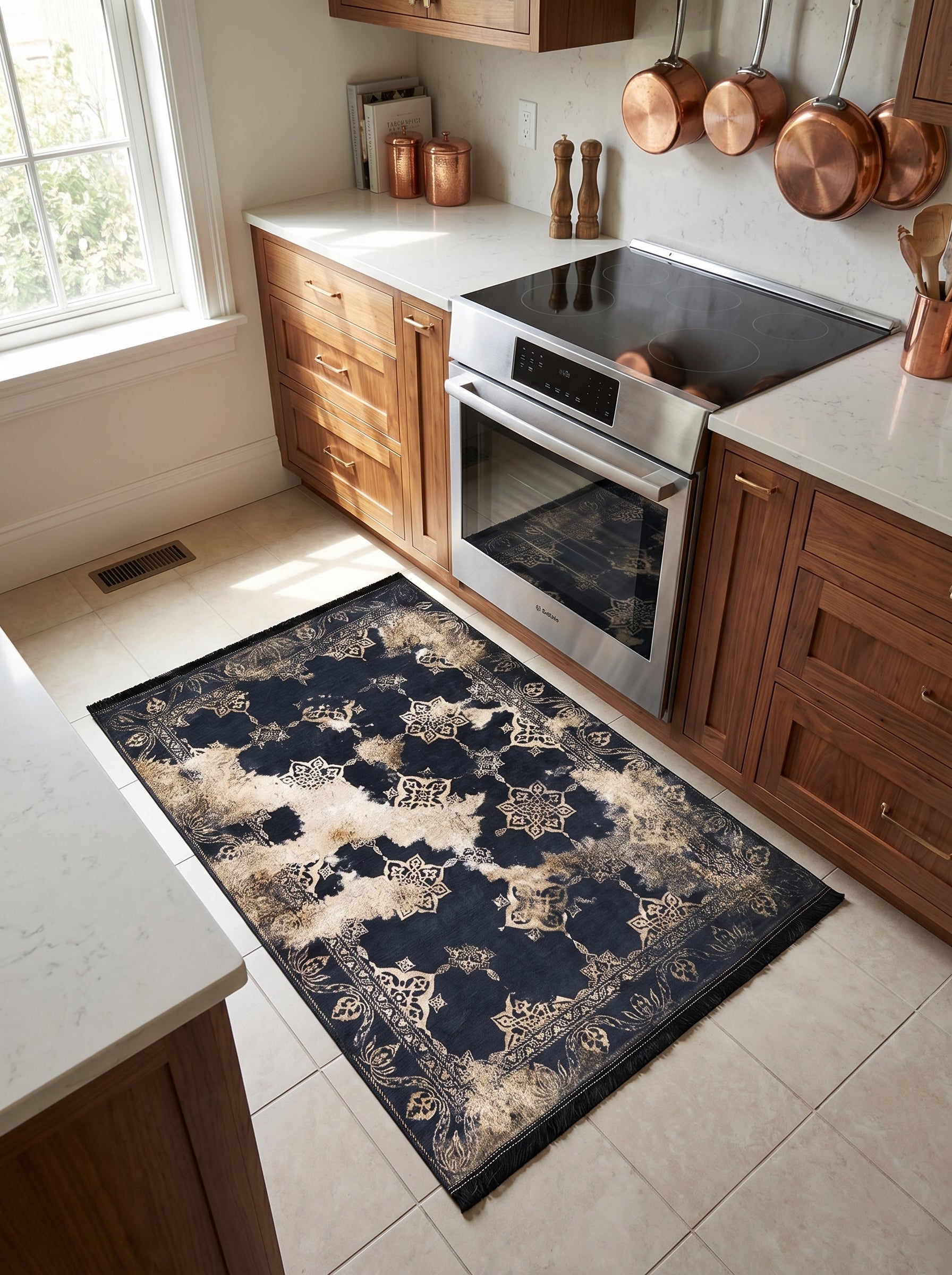 Tapis rectangulaire bleu marine et beige doré avec motifs orientaux et effet délavé, posé sur un sol carrelé dans une cuisine moderne