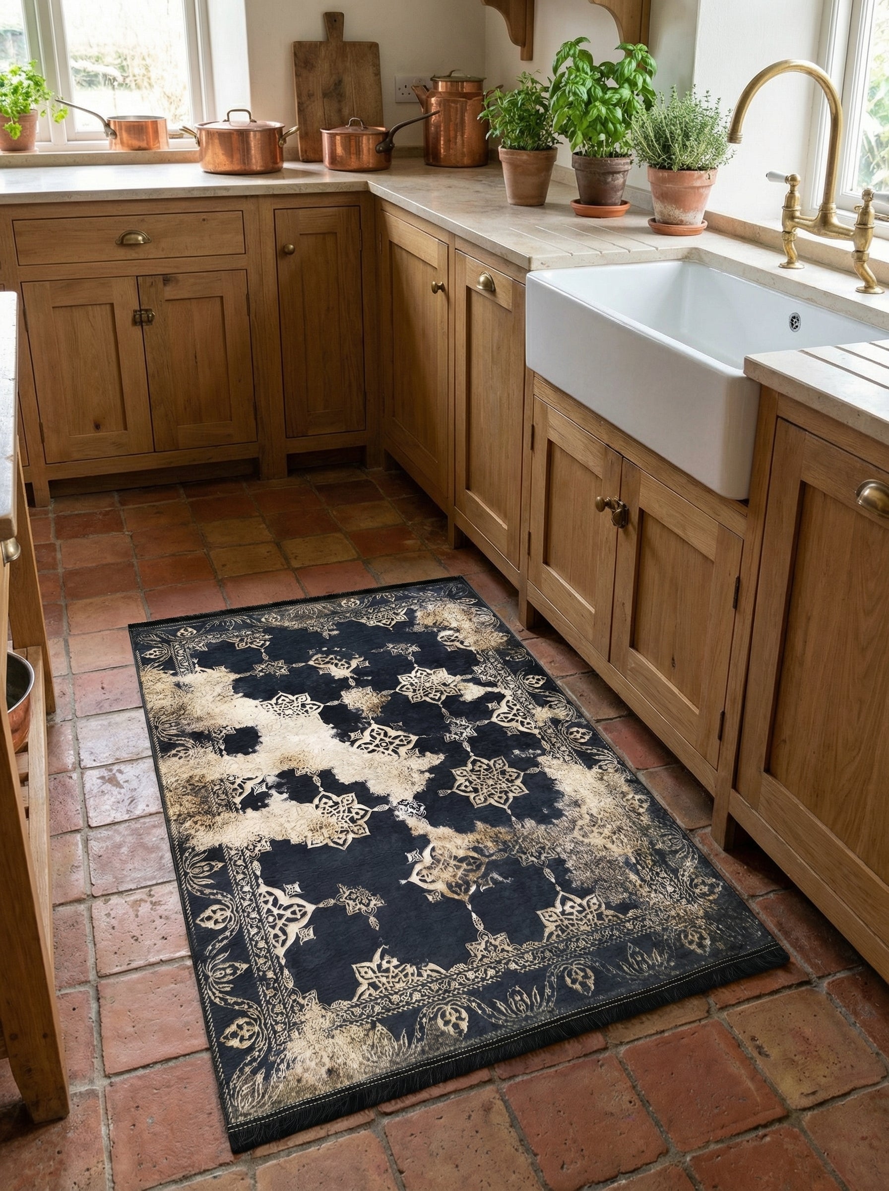 Tapis rectangulaire bleu marine et beige aux motifs ornés et style vieilli, posé sur le sol en carreaux de terre cuite d'une cuisine