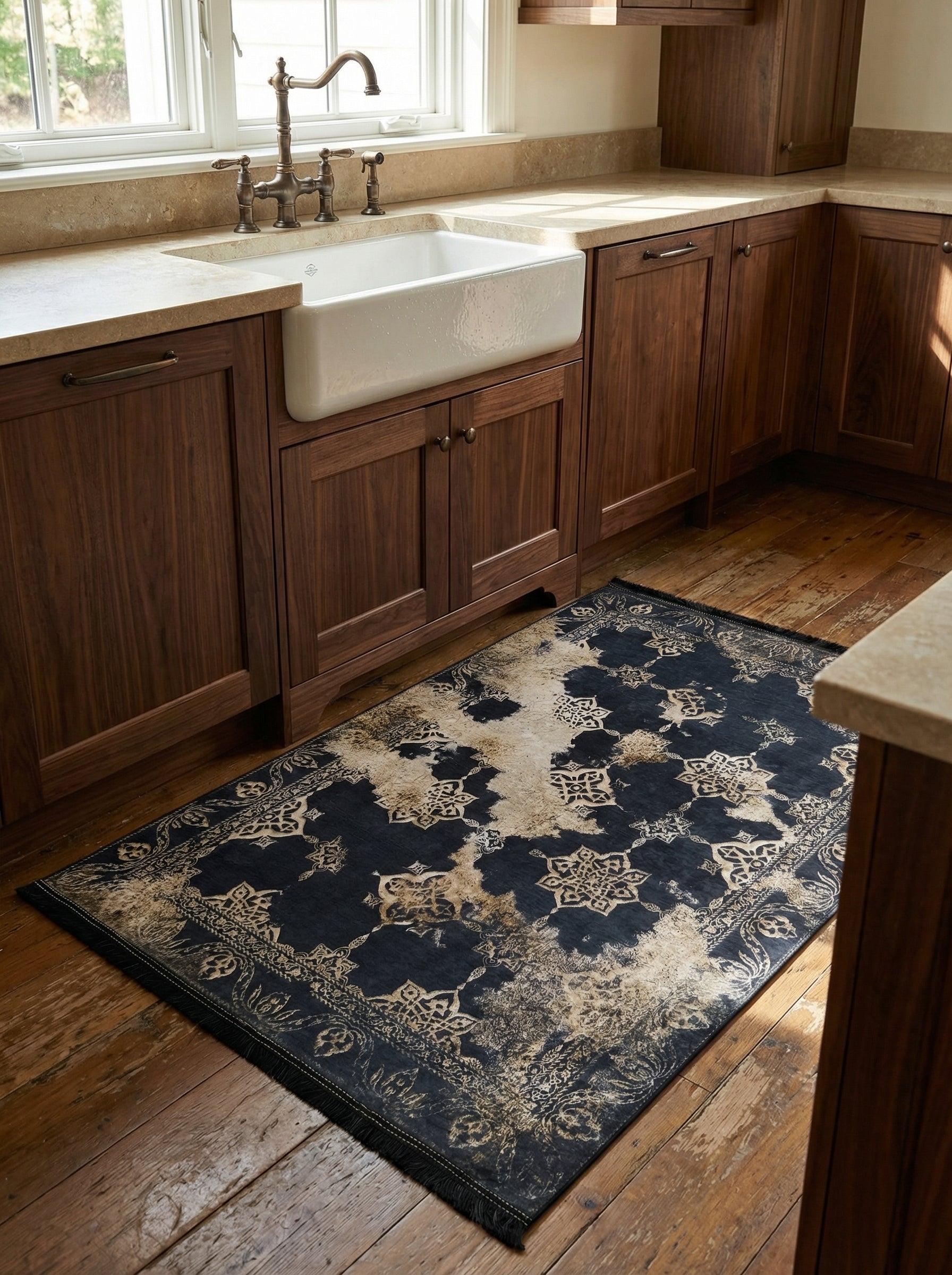 Tapis rectangulaire à motifs floraux et géométriques beiges sur fond bleu marine avec un effet vieilli, posé dans une cuisine