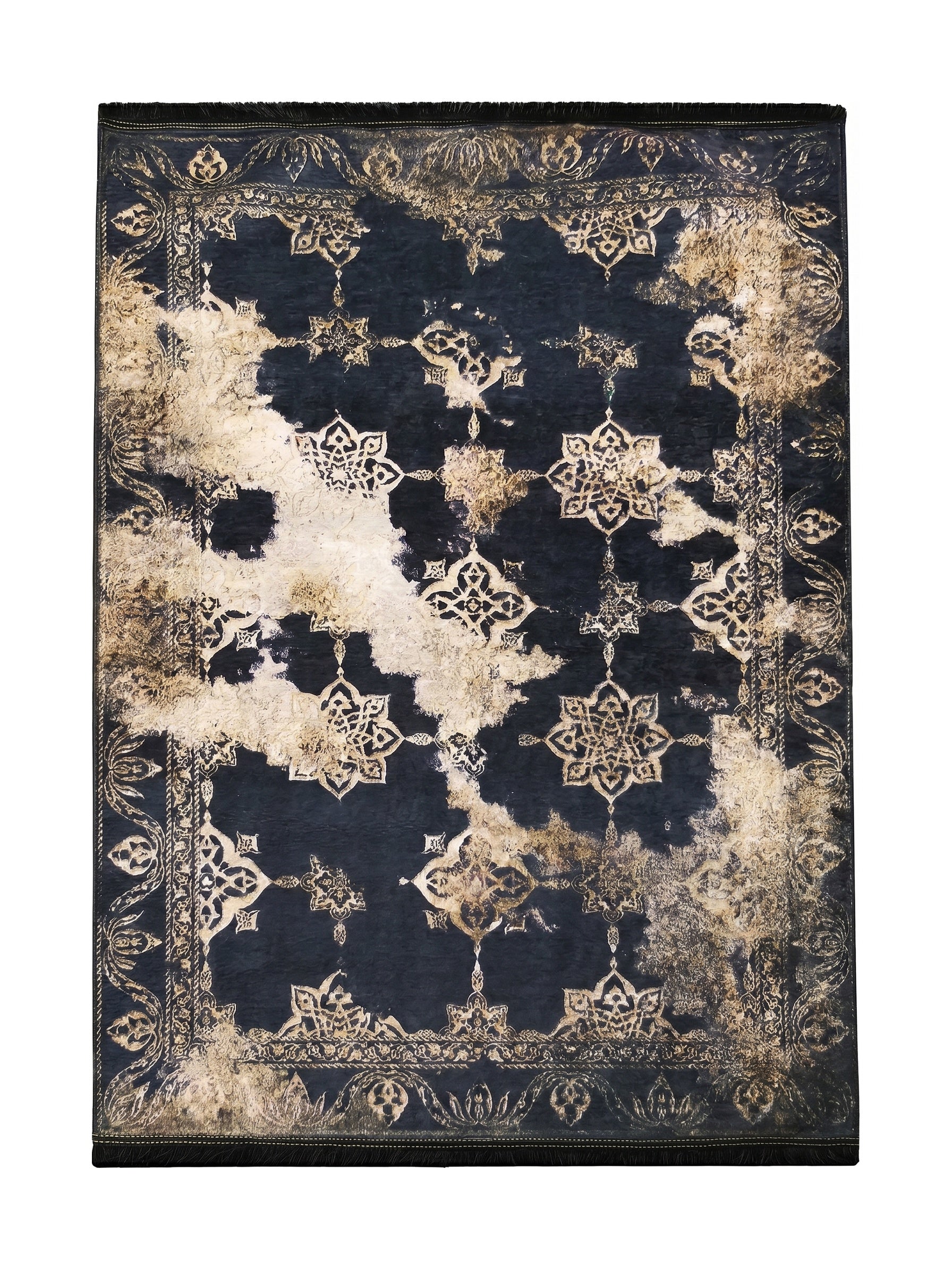 Tapis rectangulaire bleu marine à motifs floraux et géométriques beiges, avec effet vieilli et franges