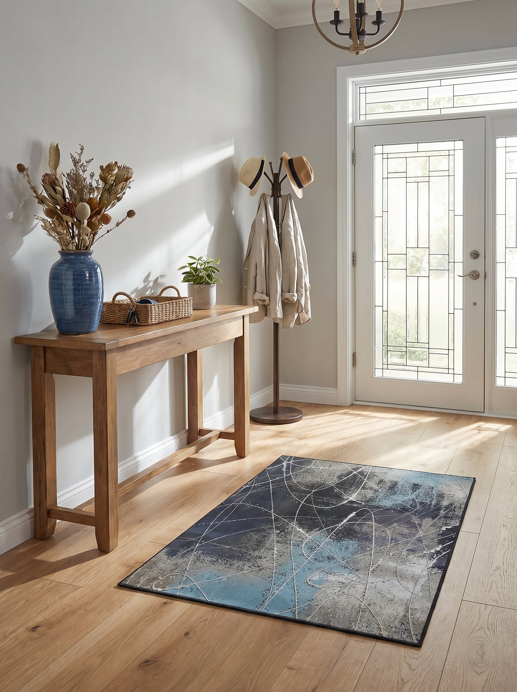 Tapis rectangulaire aux motifs abstraits gris foncé, bleu clair et blanc avec des lignes fines, sur le parquet d'une entrée