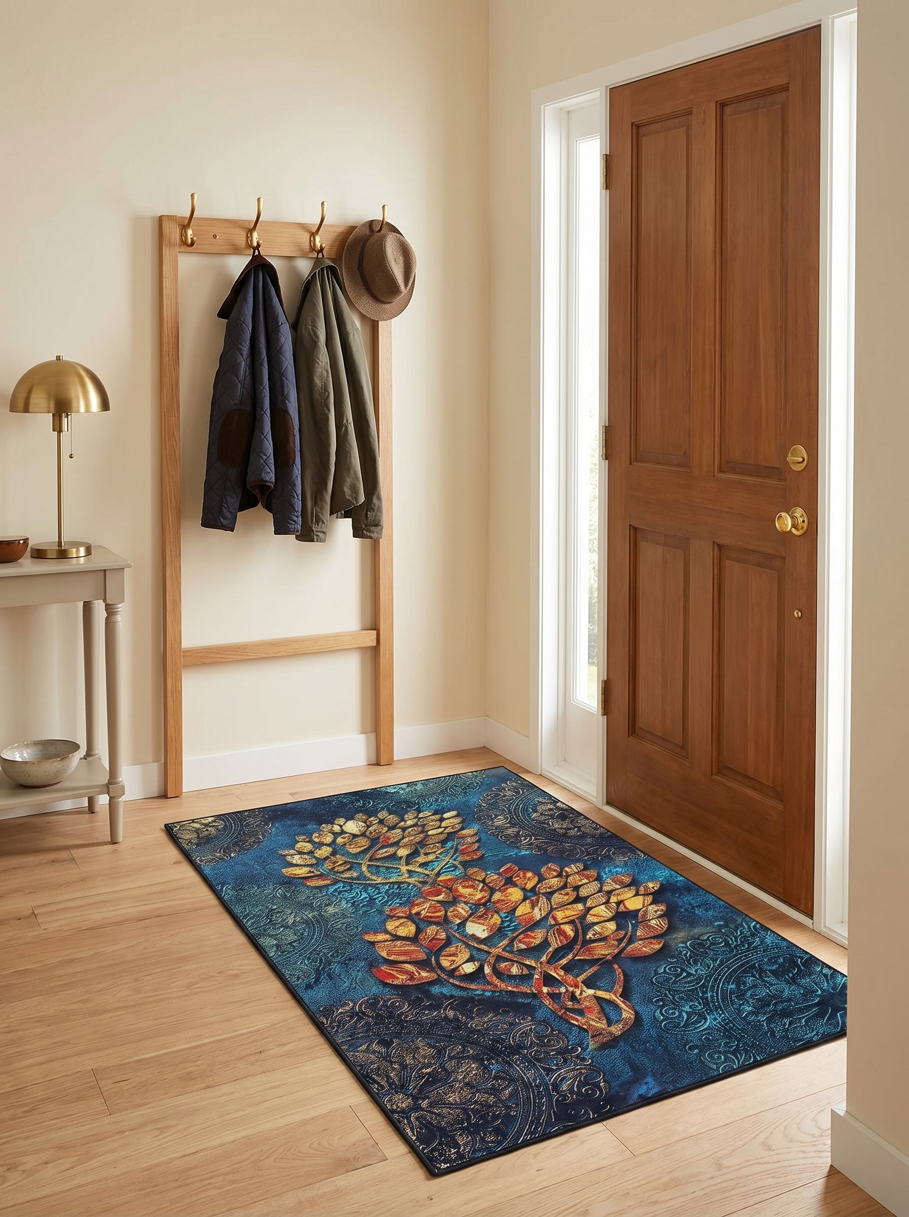 Tapis bleu foncé et turquoise, orné d'arbres aux feuilles dorées et orangées sur un fond ornemental, posé dans une entrée
