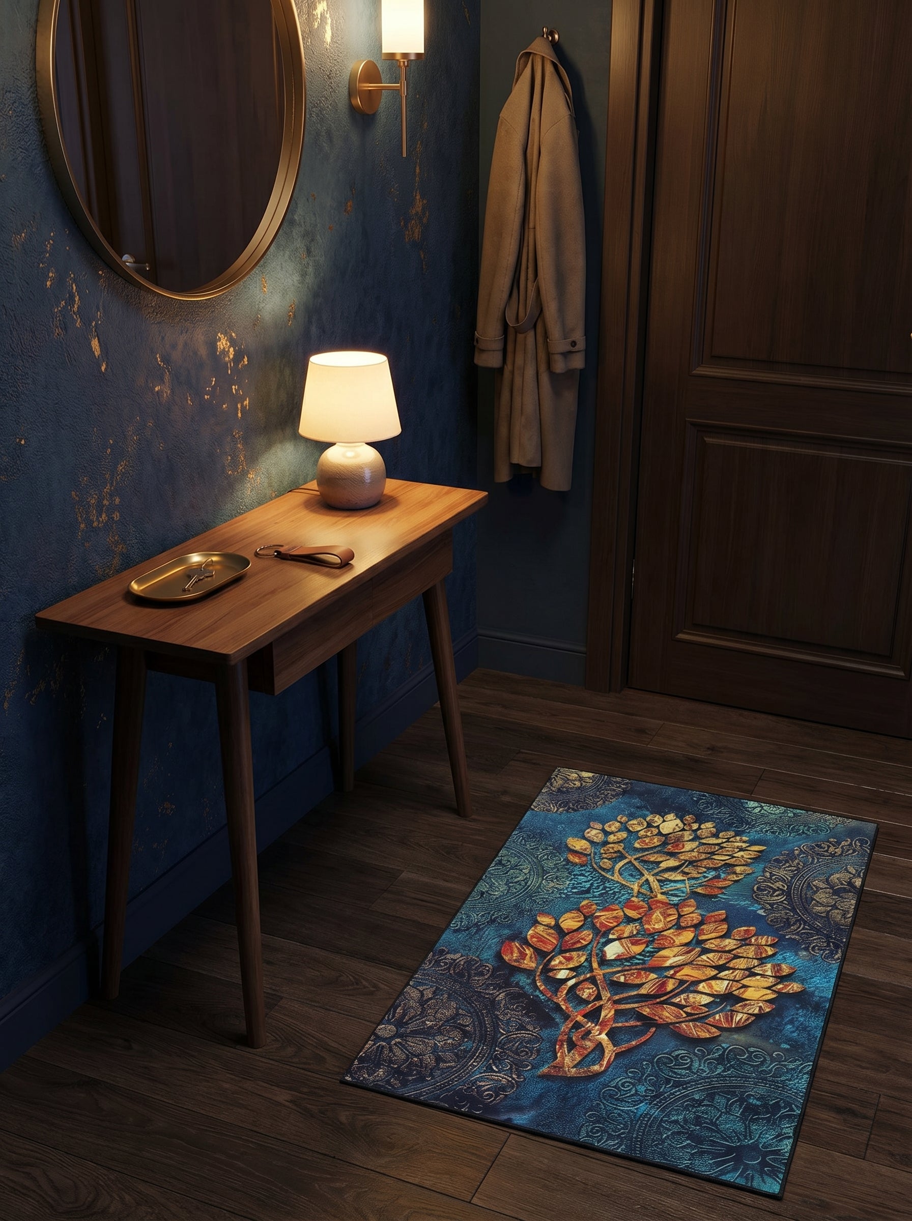 Tapis rectangulaire bleu foncé avec un arbre stylisé doré et des motifs cachemire, posé sur un plancher en bois dans une entrée