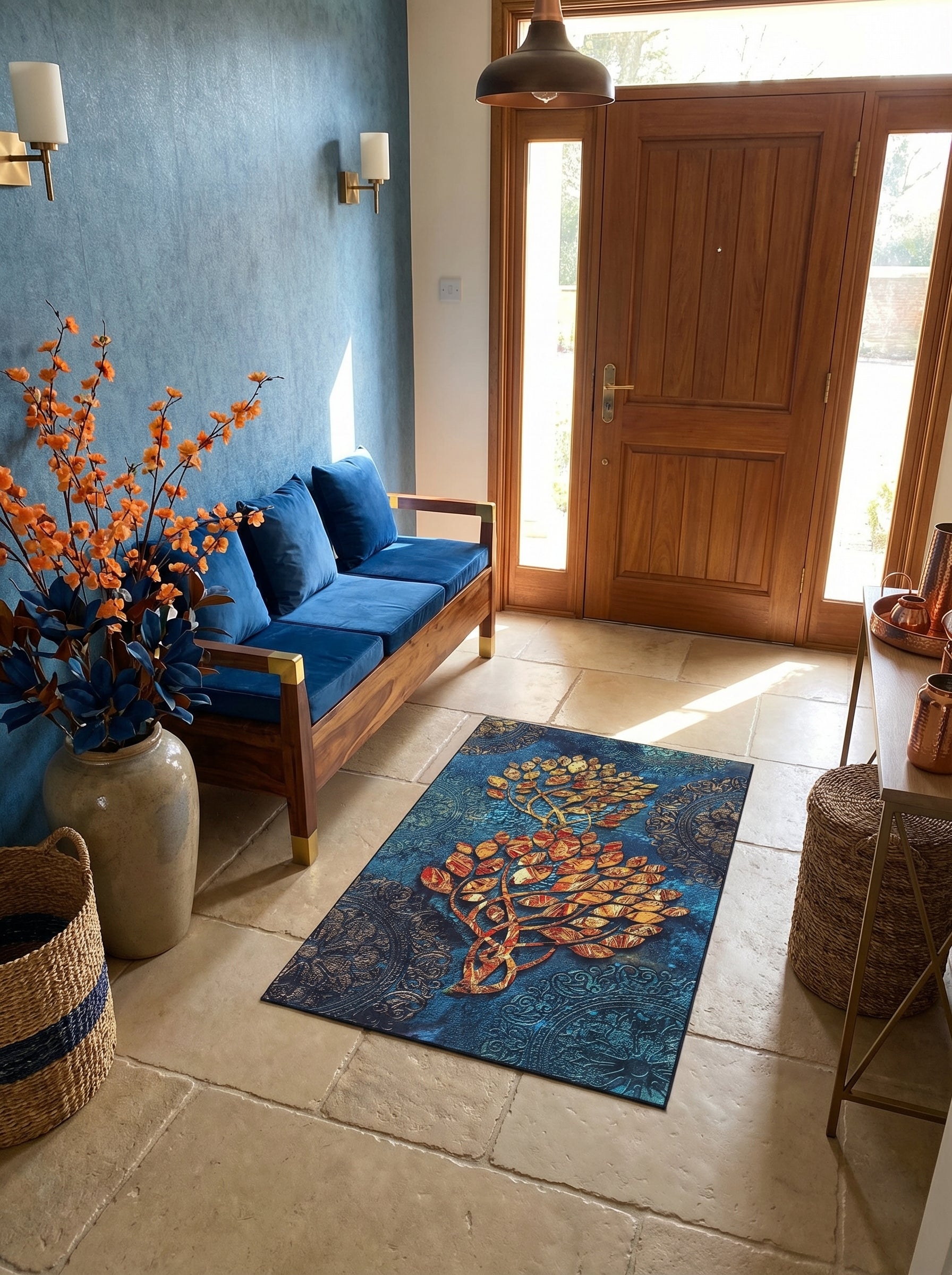 Tapis rectangulaire bleu foncé avec un grand motif central d'arbre stylisé aux teintes or et cuivre, sur fond de volutes, dans un hall d'entrée