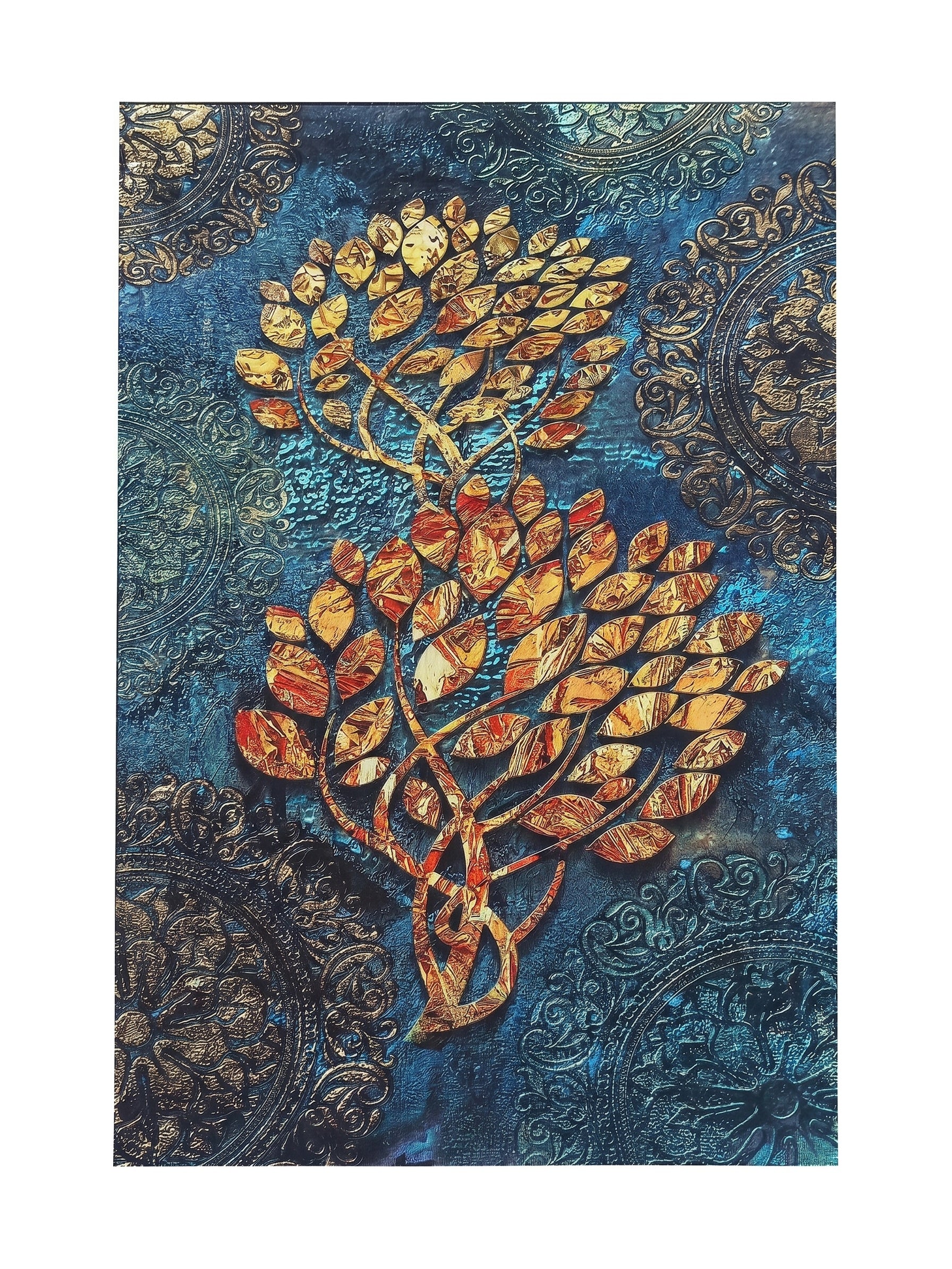 Tapis aux nuances de bleu et turquoise, orné de deux arbres stylisés aux feuilles dorées et cuivrées, sur fond de motifs ornementaux texturés