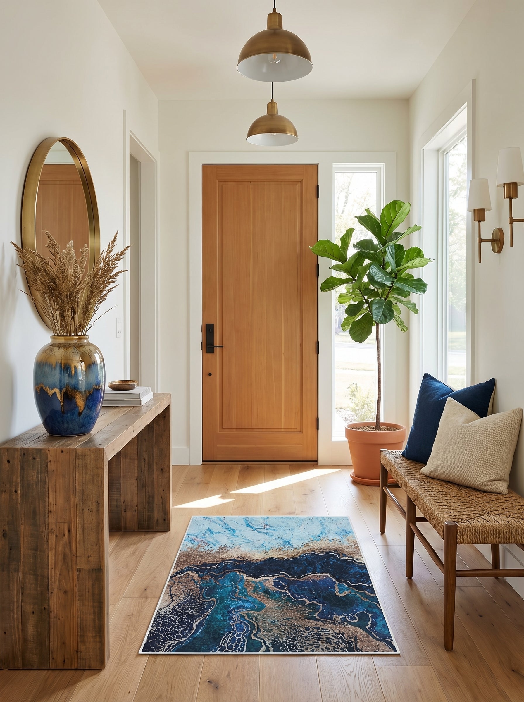 Tapis rectangulaire marbré bleu, turquoise et doré sur un parquet en bois clair dans une entrée lumineuse