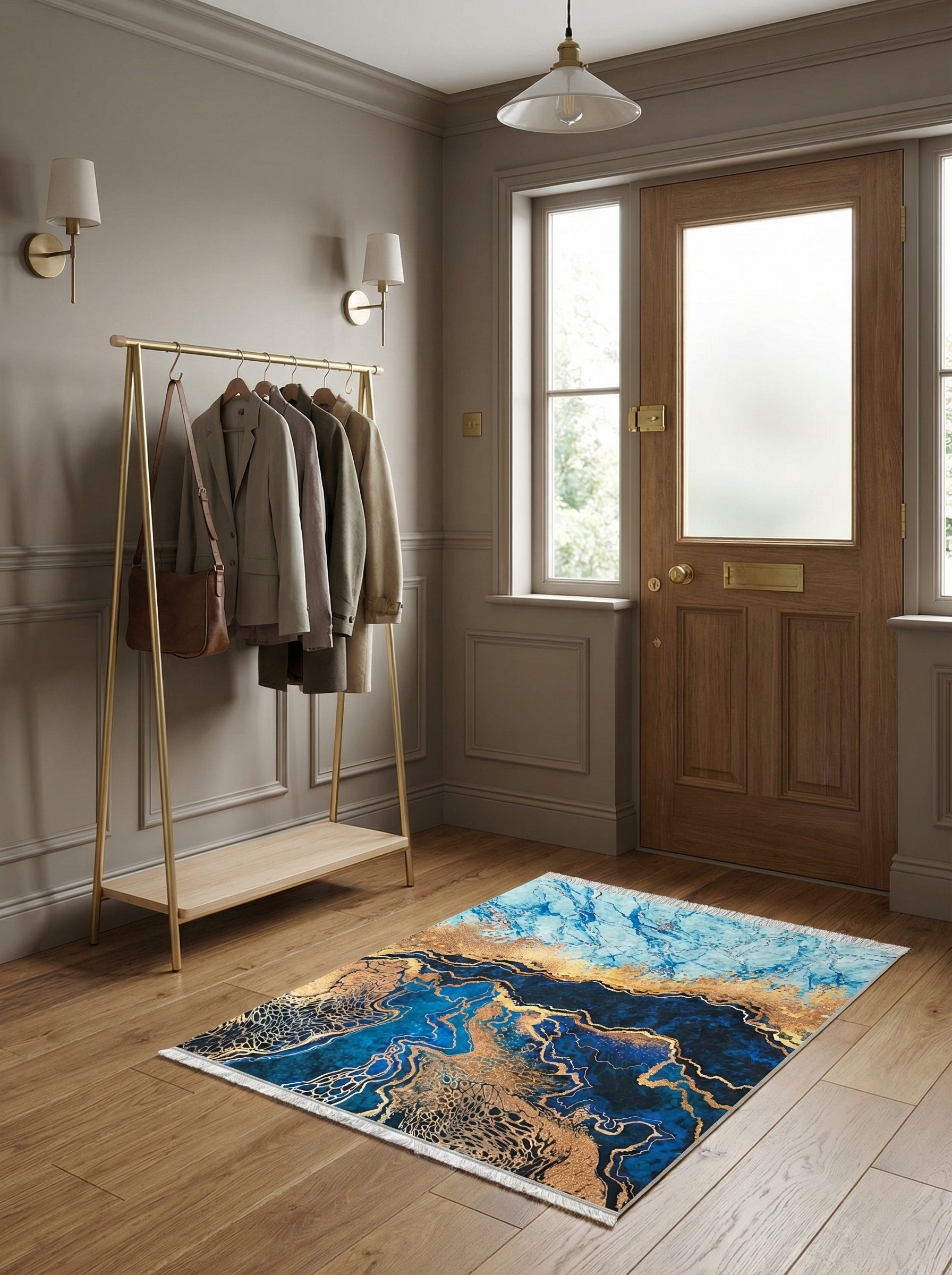Tapis rectangulaire abstrait aux motifs fluides bleus et dorés, avec des franges, dans une entrée