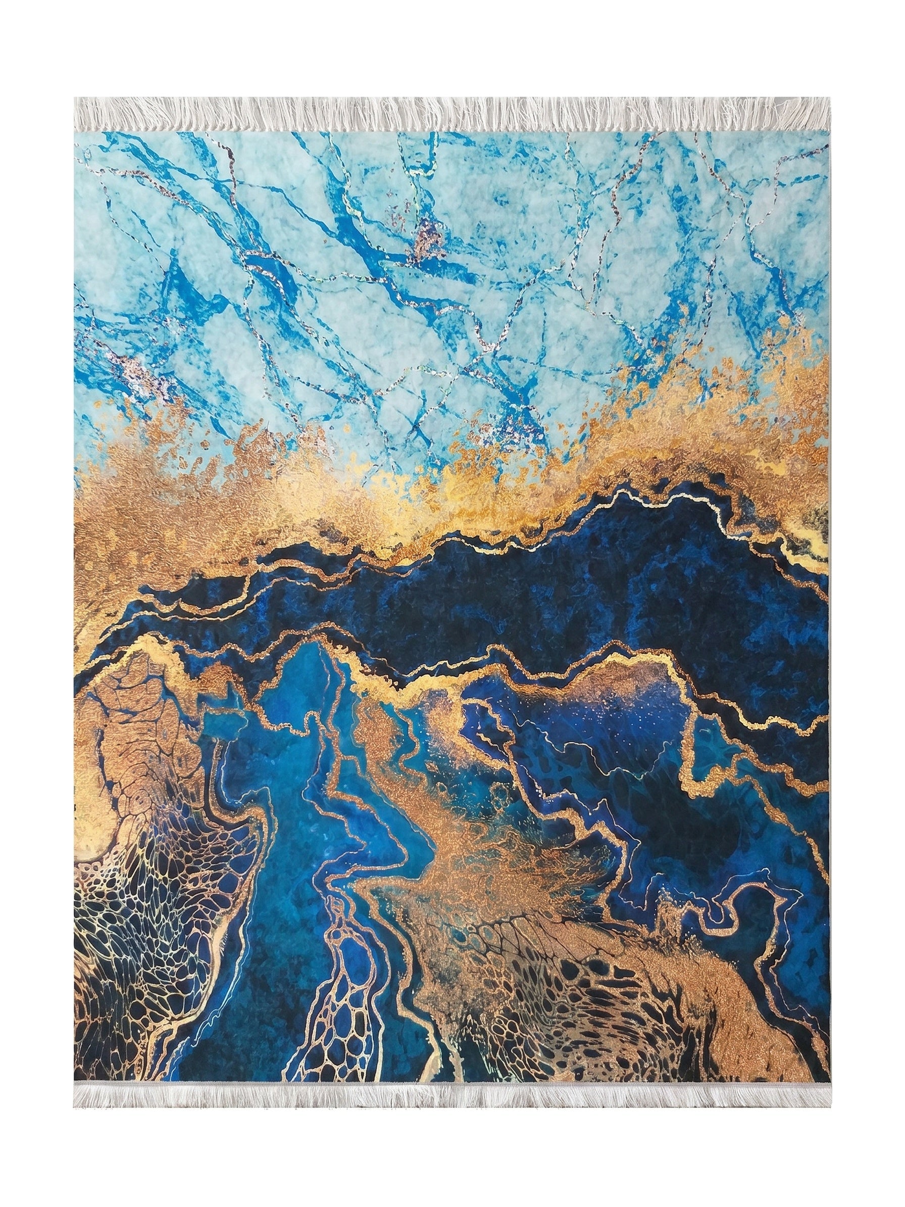 Tapis abstrait aux couleurs vives de bleu, turquoise et or, avec des lignes fluides et des effets marbrés. Bords frangés blancs