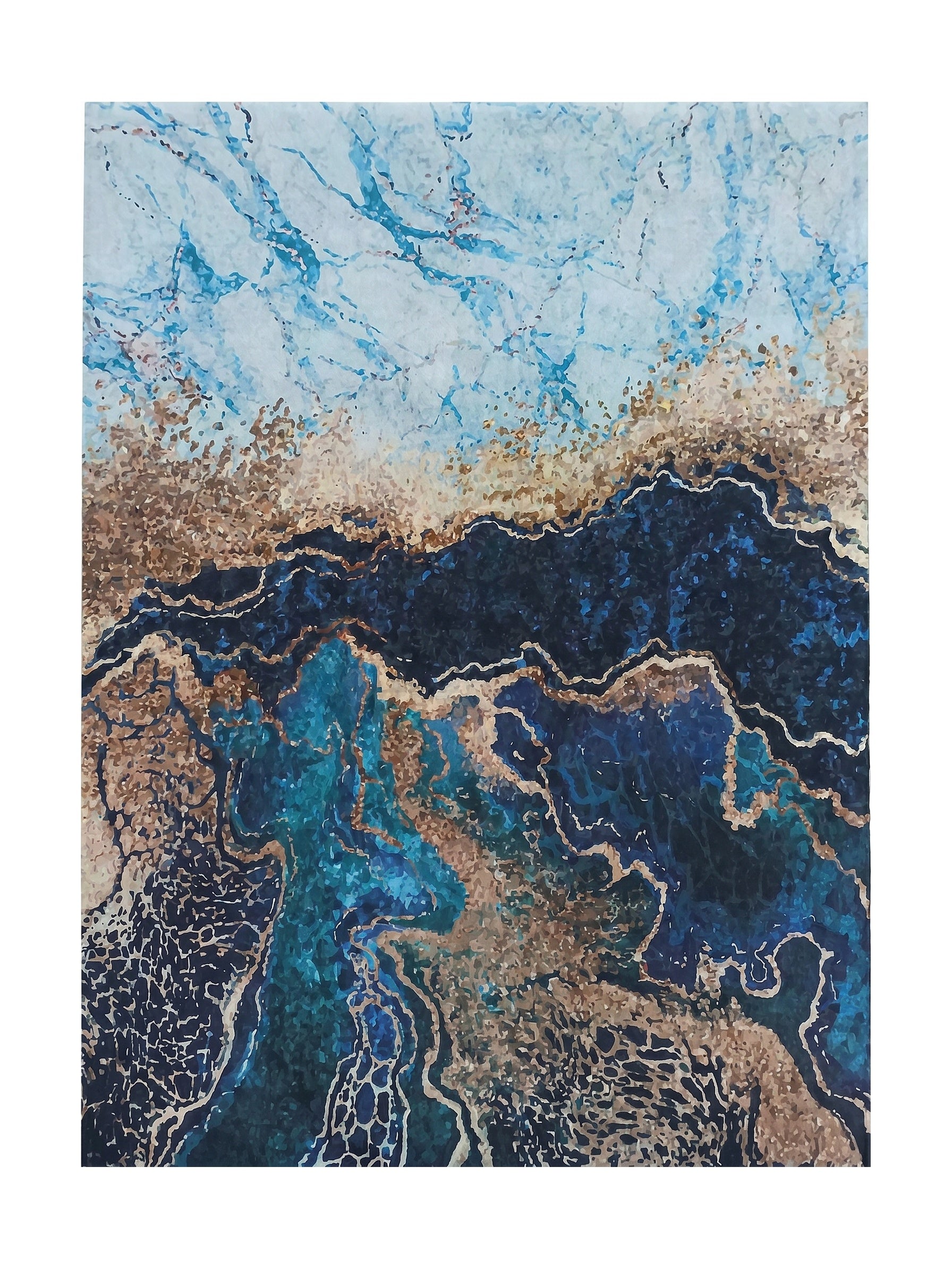 Tapis aux motifs abstraits évoquant des formations rocheuses en dégradés de bleus, de bruns et d'éclats dorés