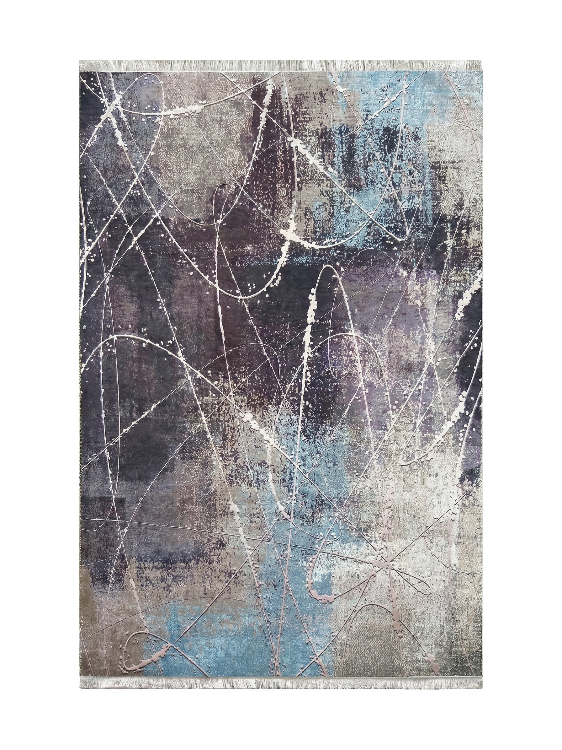 Tapis à motifs abstraits bleus, gris et beiges, orné de lignes et de points texturés blancs et rosés