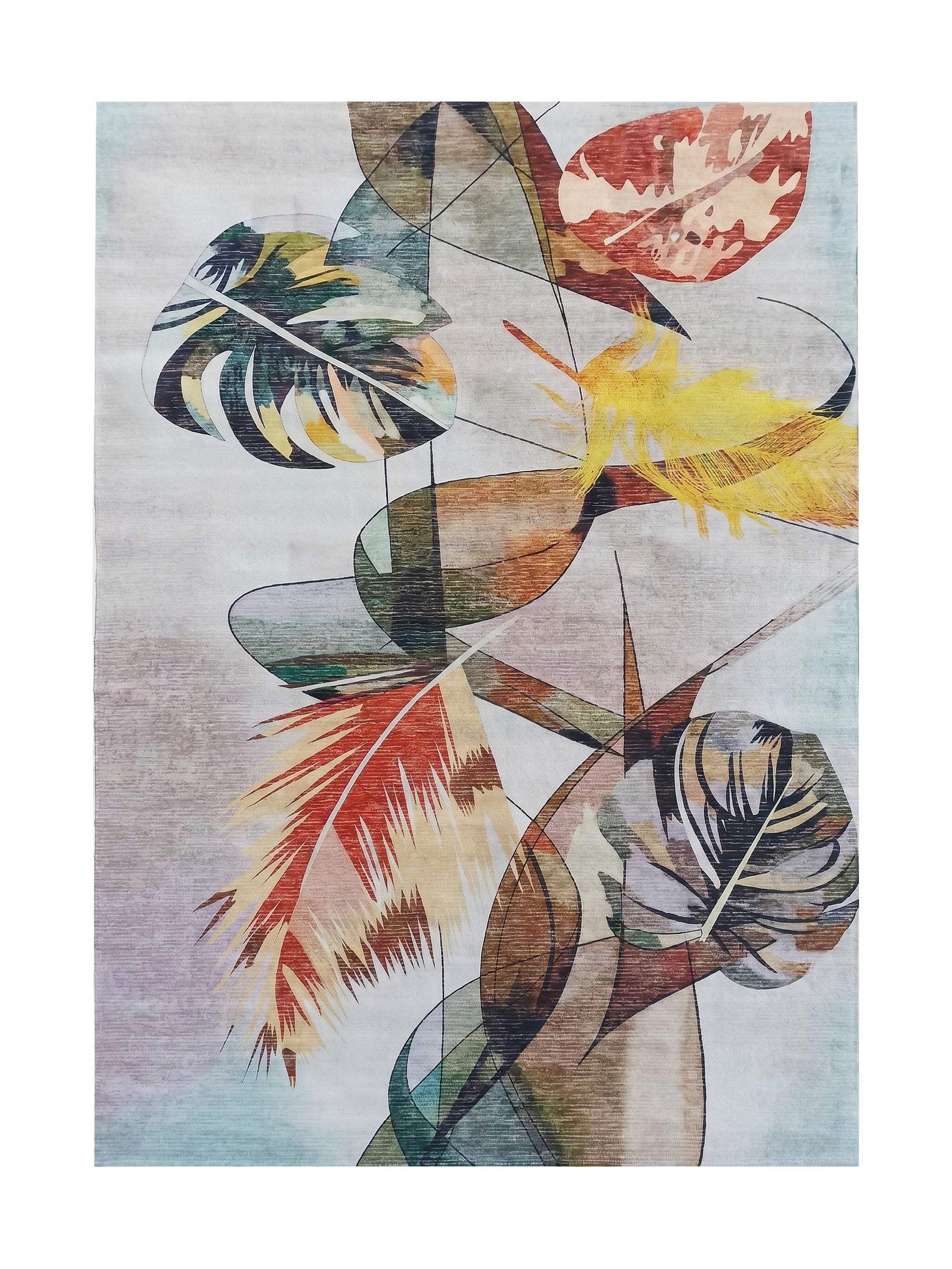 Tapis textile coloré, motifs abstraits de formes organiques et végétales aux couleurs vives sur un fond clair dégradé