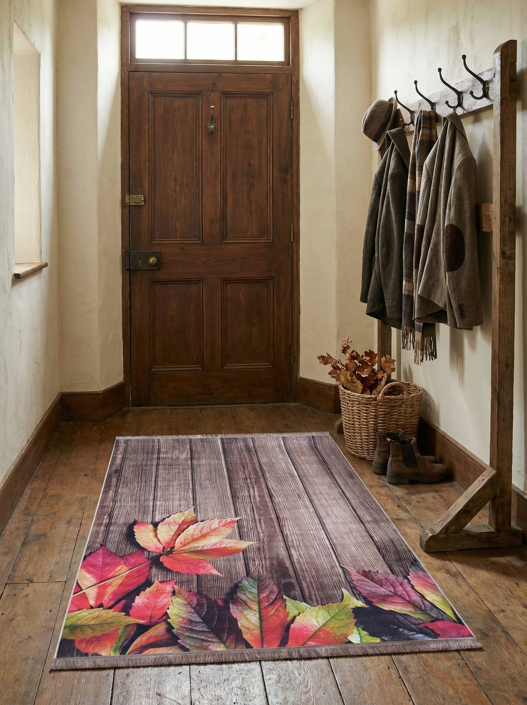 Tapis rectangulaire à franges, imprimé de planches de bois et de feuilles aux couleurs vives d'automne, dans une entrée
