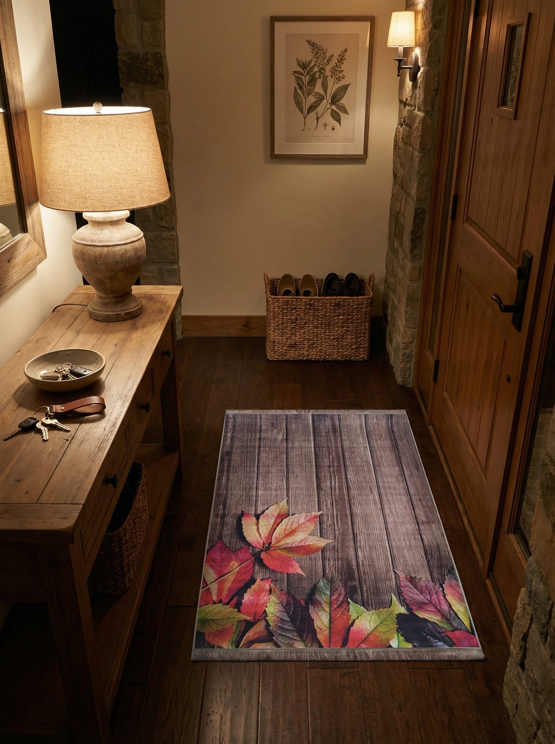 Tapis rectangulaire à motifs de planches de bois foncé, orné de feuilles d'automne aux couleurs vives (rouge, orange, vert), posé dans une entrée rustique